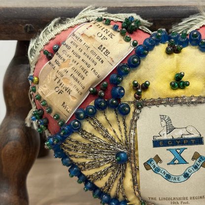 WW1 Beaded Heart Pin Cushion – Lincolnshire Regiment 10th Foot – Egypt Sphinx