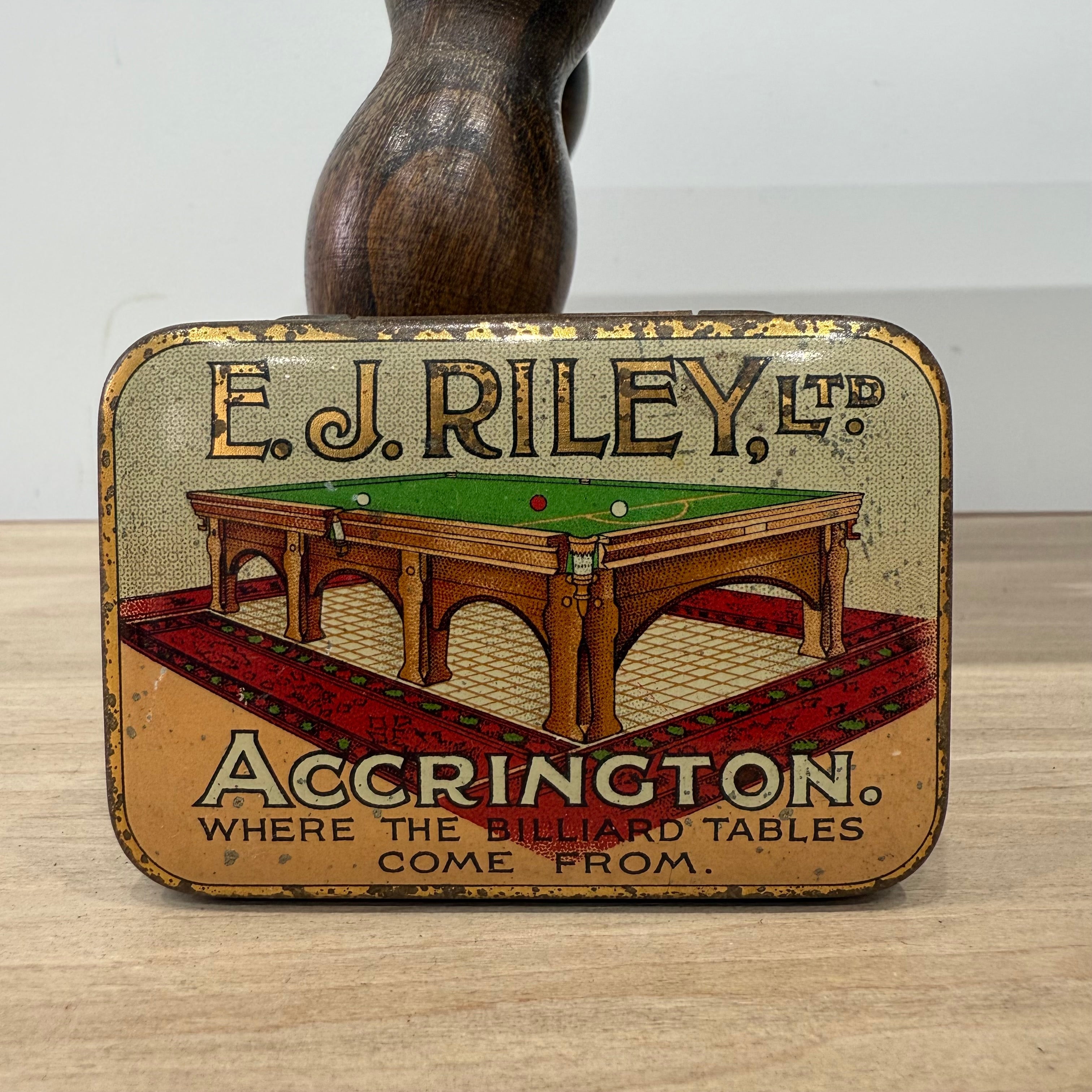 Antique E.J. Riley Ltd Advertising Tin – Accrington Billiard Tables – With Original Cue Tips