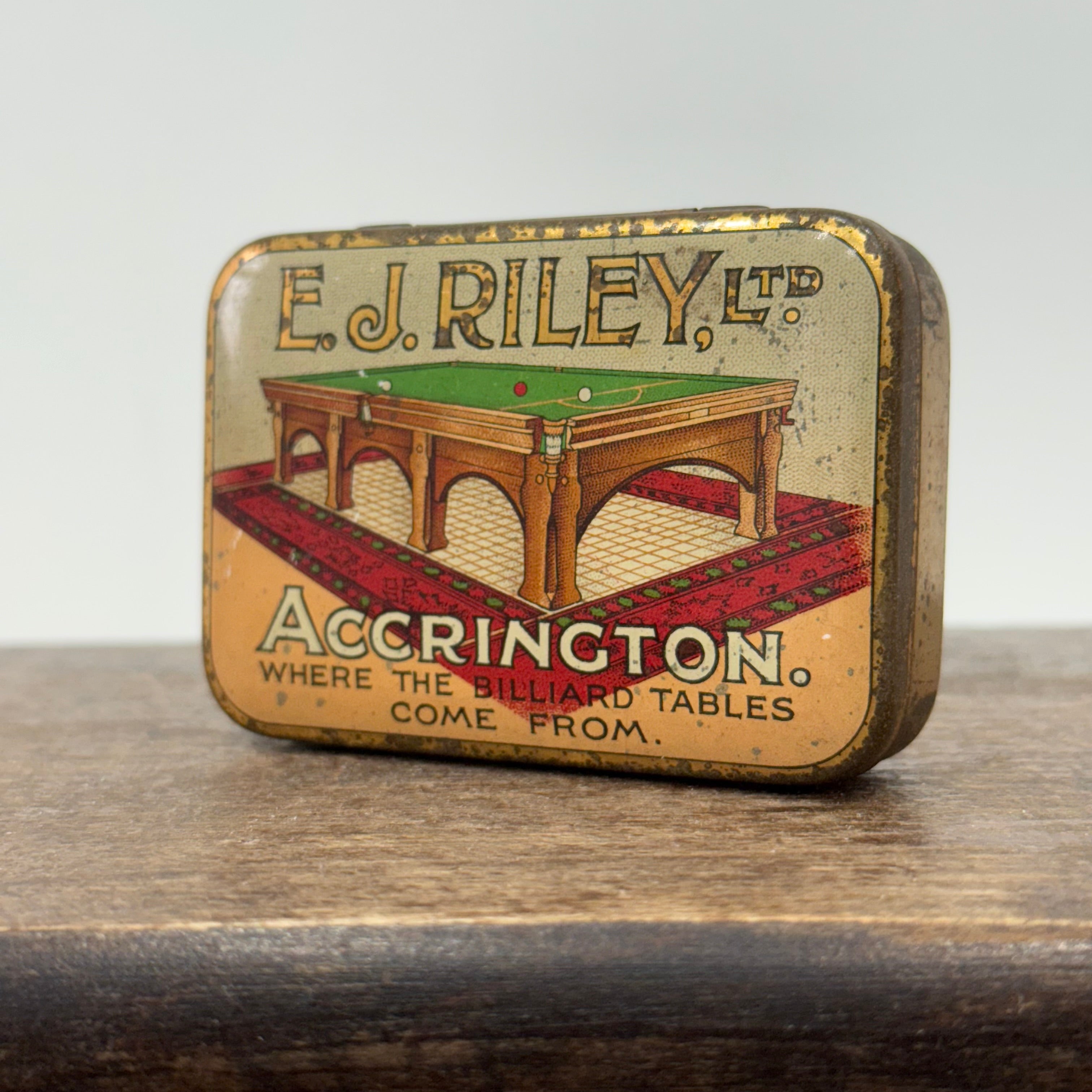 Antique E.J. Riley Ltd Advertising Tin – Accrington Billiard Tables – With Original Cue Tips