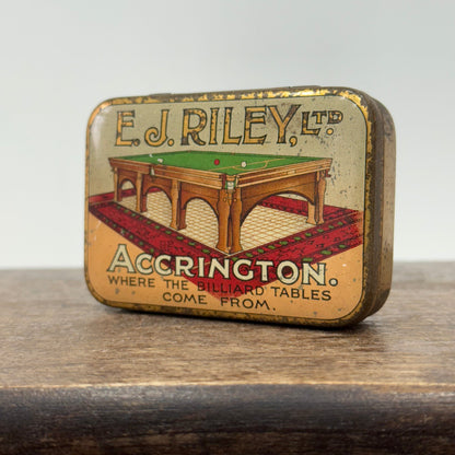 Antique E.J. Riley Ltd Advertising Tin – Accrington Billiard Tables – With Original Cue Tips