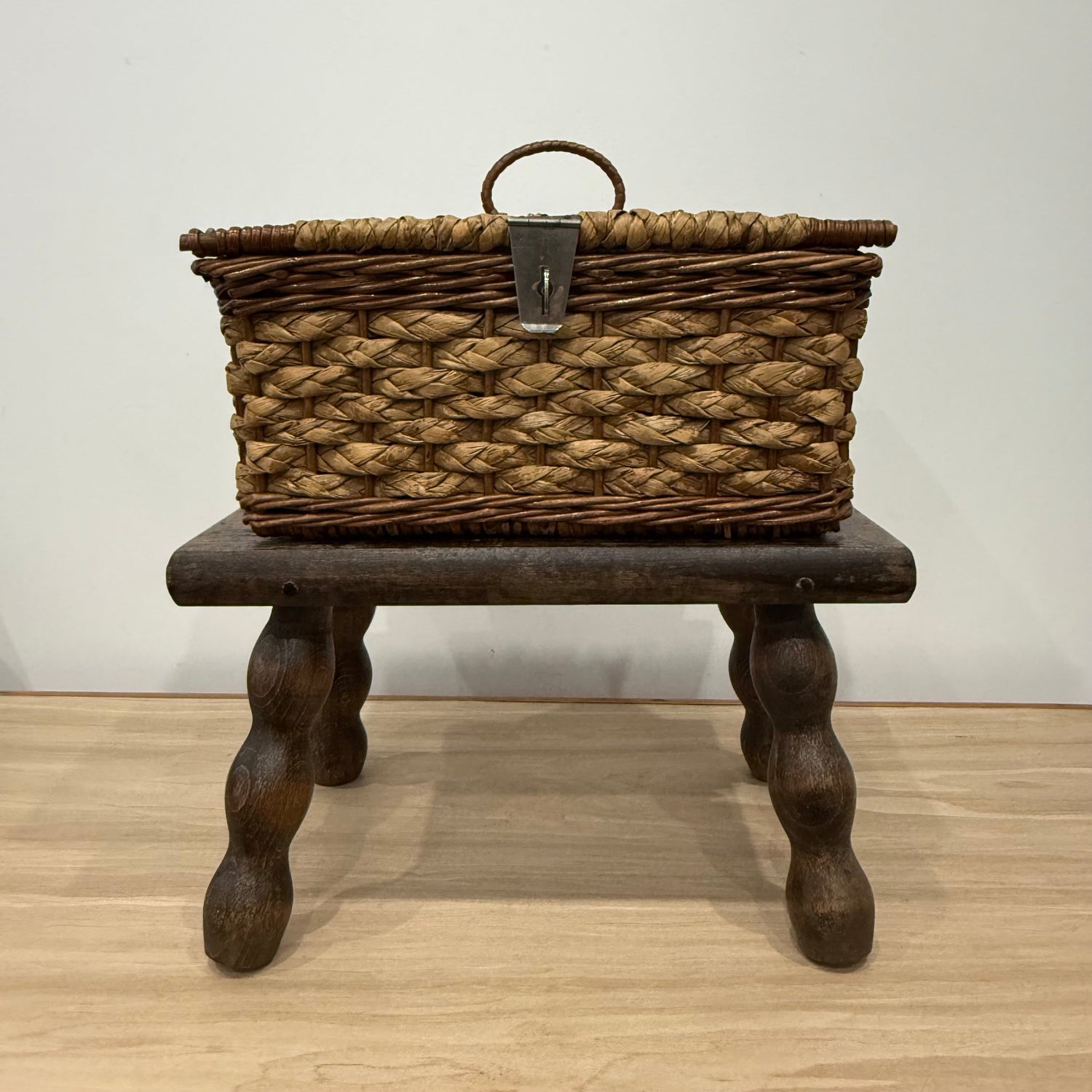1930s–50s Wicker Sewing Basket with Purple Satin Lining &amp; Metal Clasp