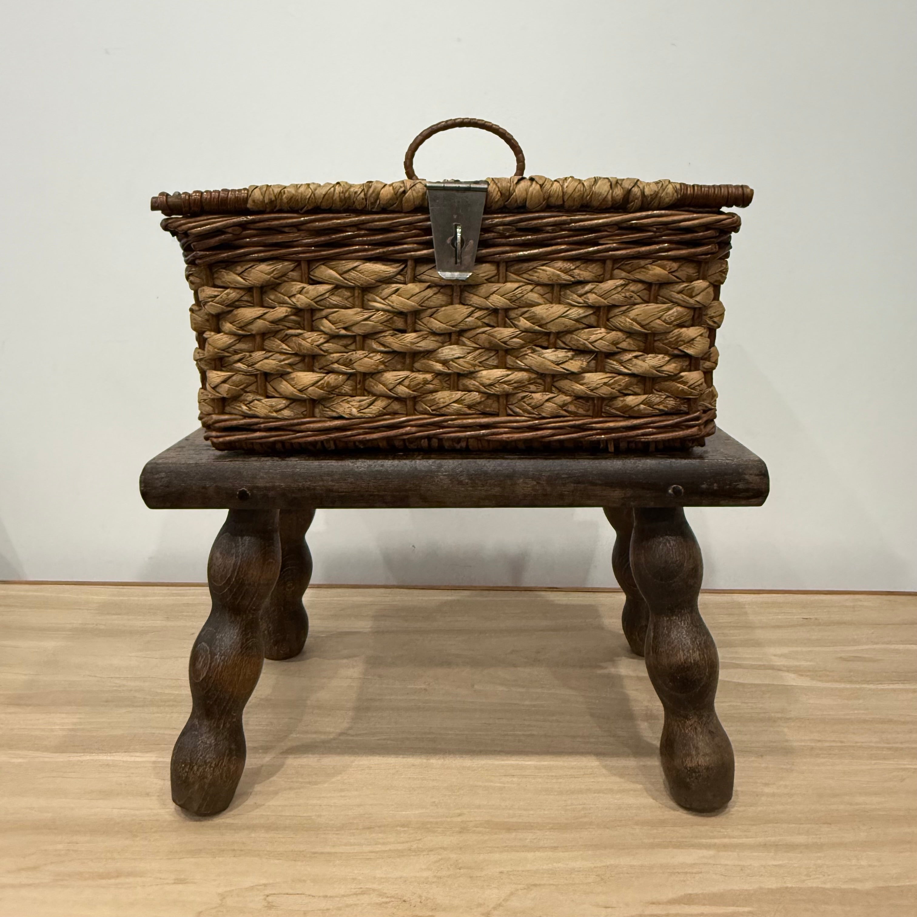 1930s–50s Wicker Sewing Basket with Purple Satin Lining &amp; Metal Clasp