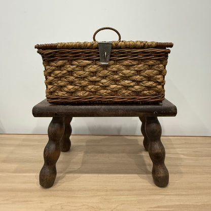 1930s–50s Wicker Sewing Basket with Purple Satin Lining &amp; Metal Clasp