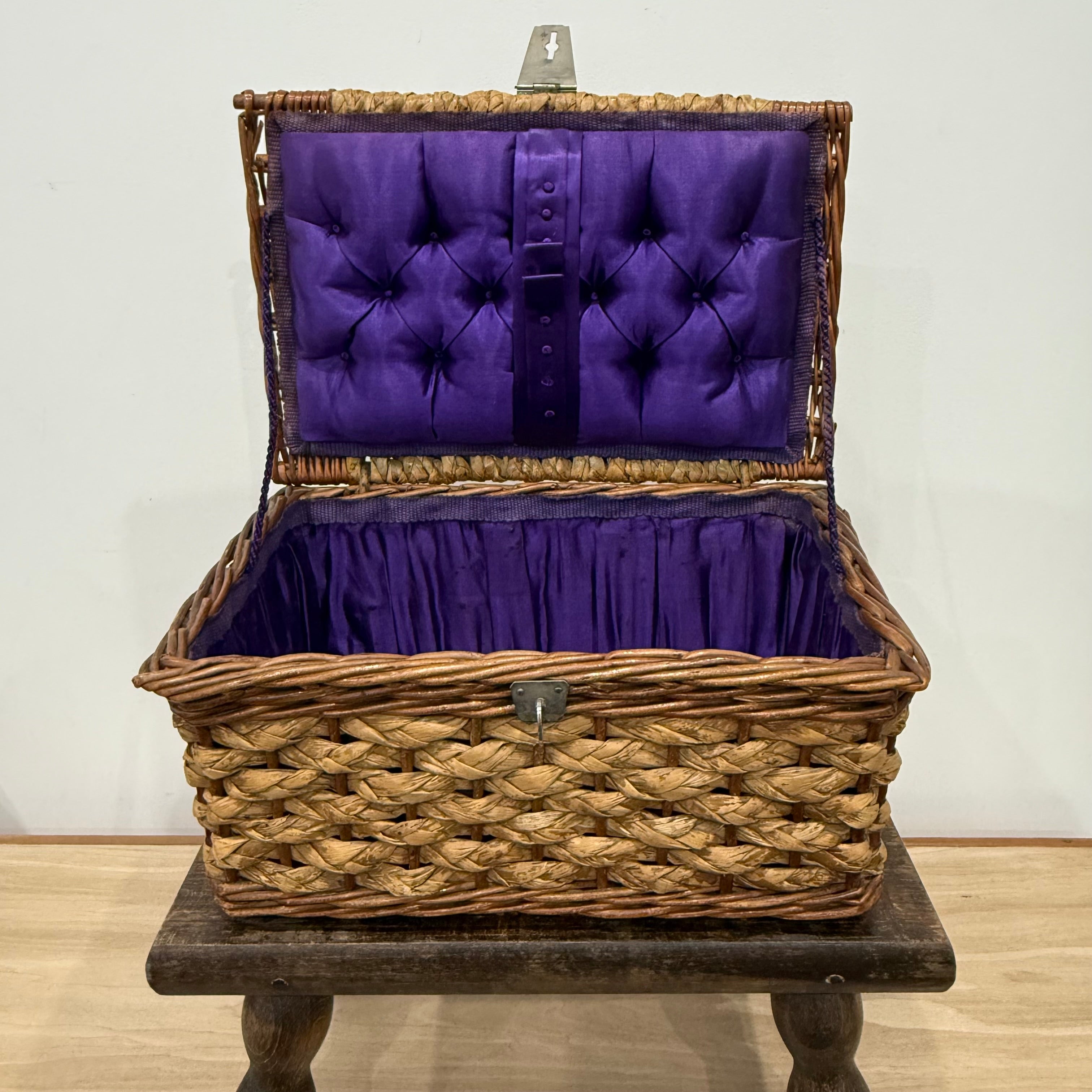 1930s–50s Wicker Sewing Basket with Purple Satin Lining &amp; Metal Clasp