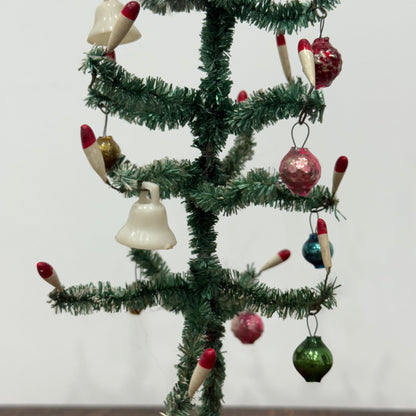 Vintage 1950s Bottle Brush Christmas Tree with Baubles – “Foreign” Marked