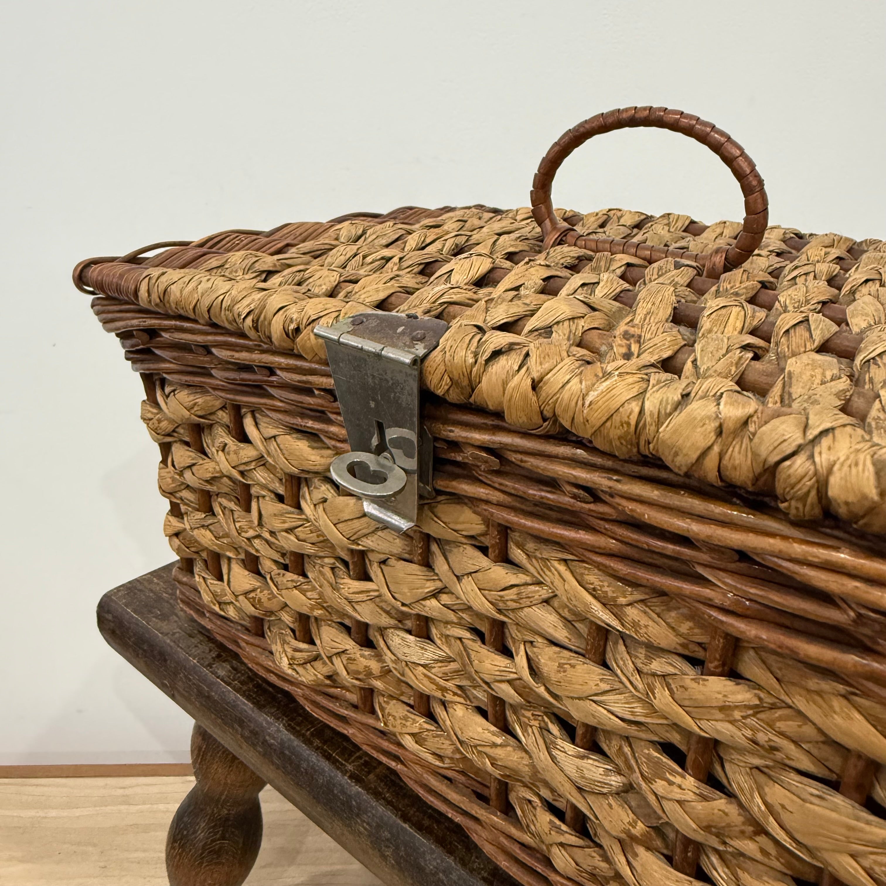 1930s–50s Wicker Sewing Basket with Purple Satin Lining &amp; Metal Clasp