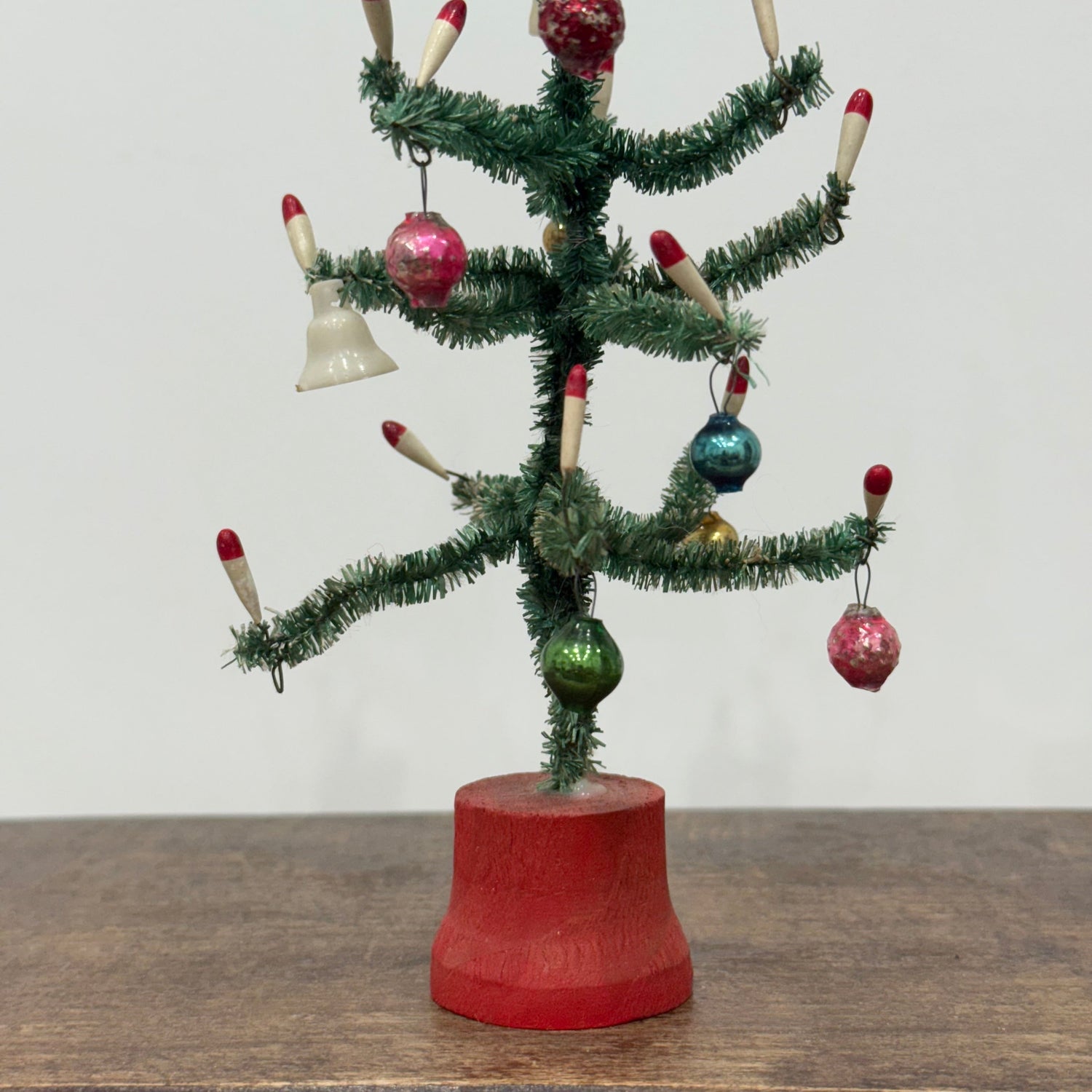 Vintage 1950s Bottle Brush Christmas Tree with Baubles – “Foreign” Marked