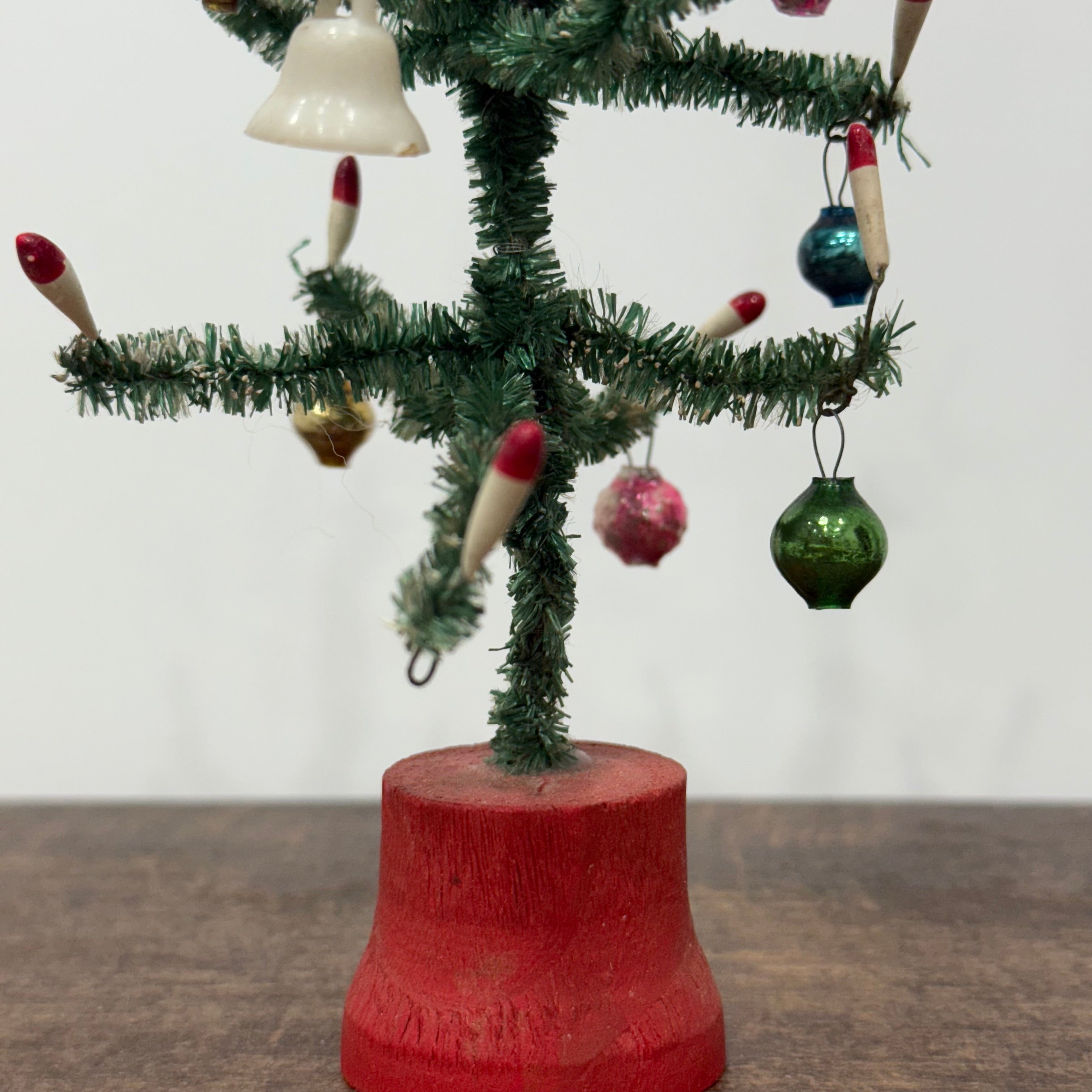 Vintage 1950s Bottle Brush Christmas Tree with Baubles – “Foreign” Marked