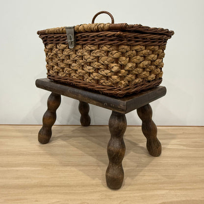 1930s–50s Wicker Sewing Basket with Purple Satin Lining &amp; Metal Clasp