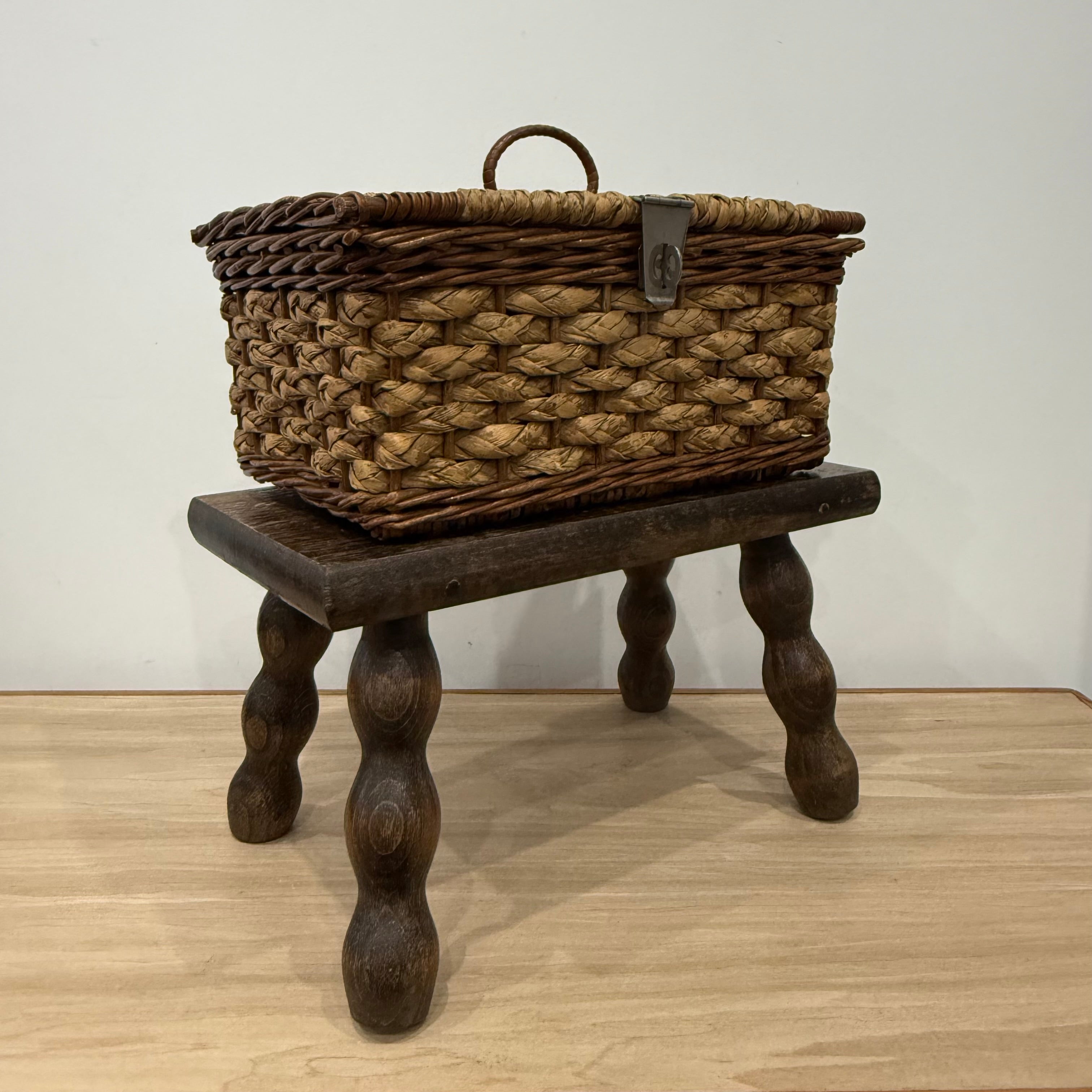 1930s–50s Wicker Sewing Basket with Purple Satin Lining &amp; Metal Clasp
