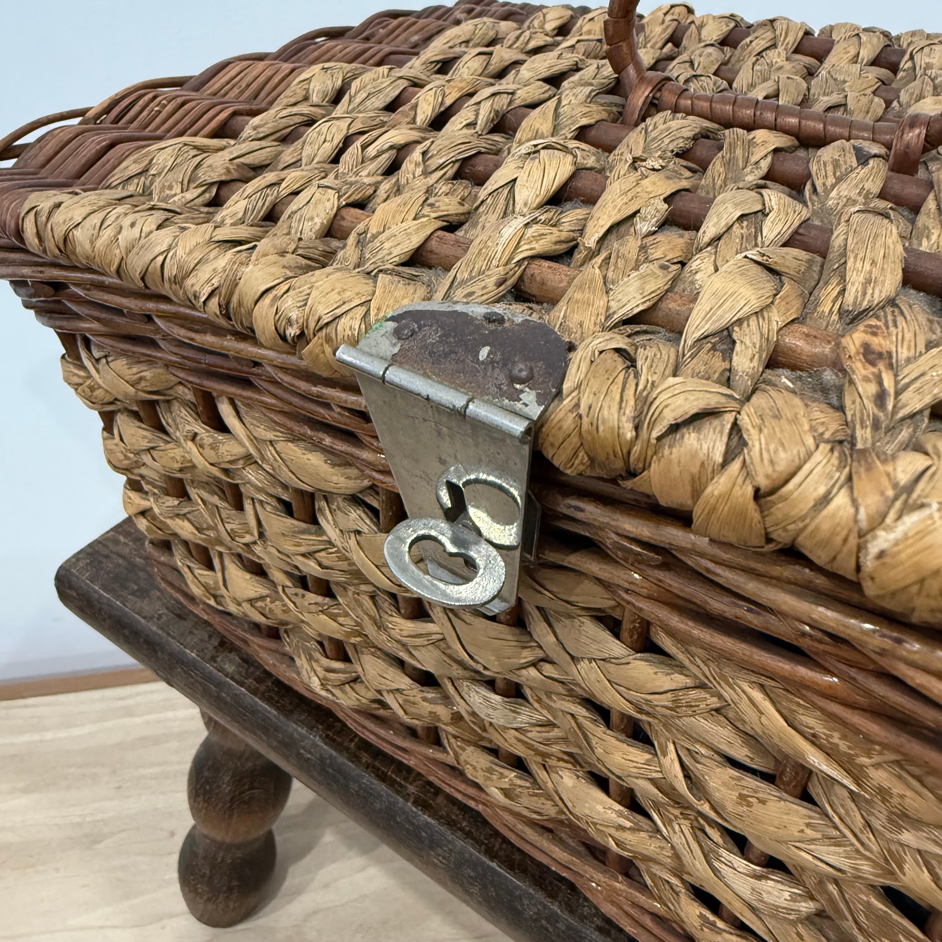 1930s–50s Wicker Sewing Basket with Purple Satin Lining &amp; Metal Clasp