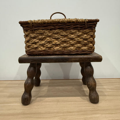 1930s–50s Wicker Sewing Basket with Purple Satin Lining &amp; Metal Clasp