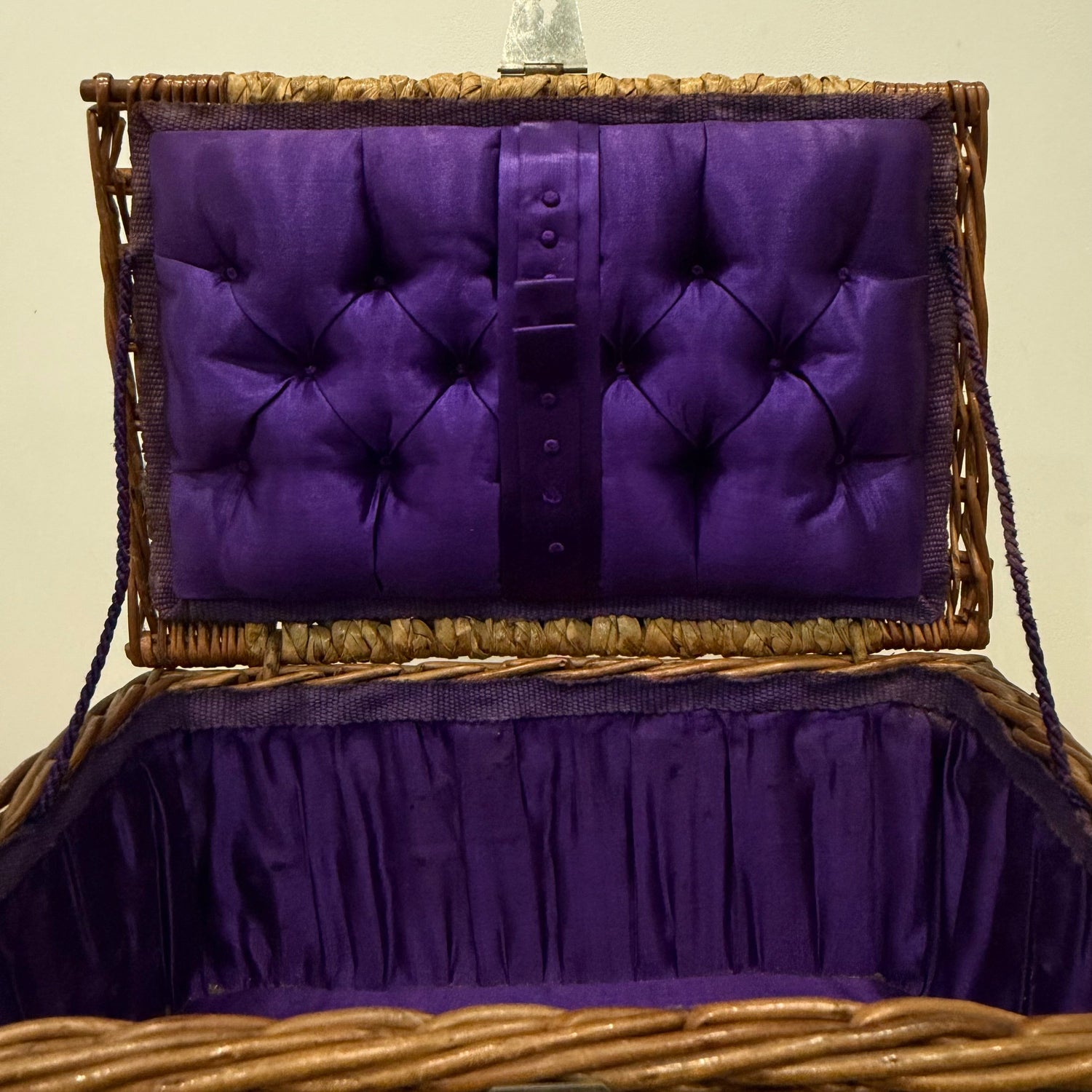 1930s–50s Wicker Sewing Basket with Purple Satin Lining &amp; Metal Clasp