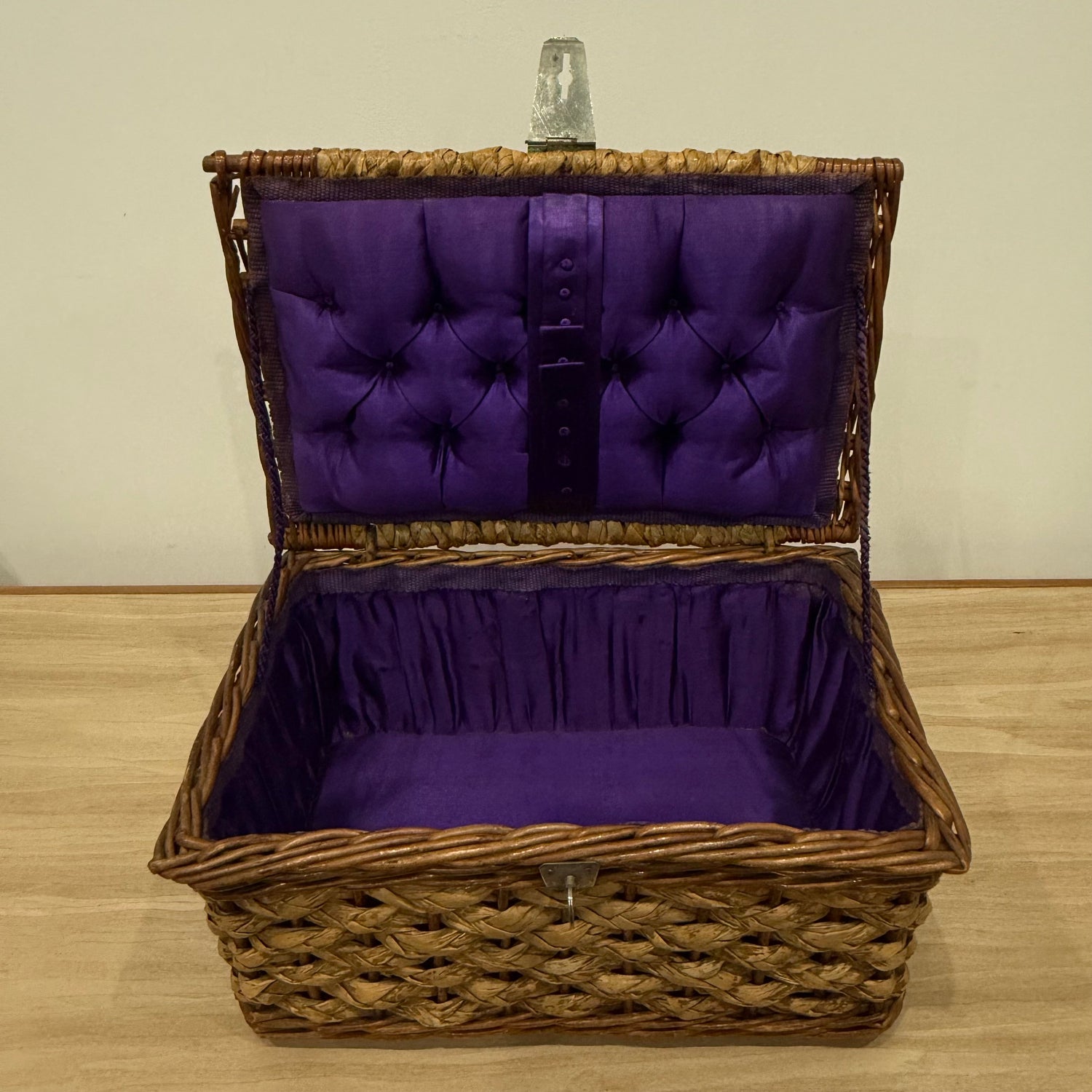 1930s–50s Wicker Sewing Basket with Purple Satin Lining &amp; Metal Clasp