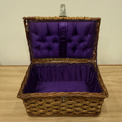 1930s–50s Wicker Sewing Basket with Purple Satin Lining &amp; Metal Clasp