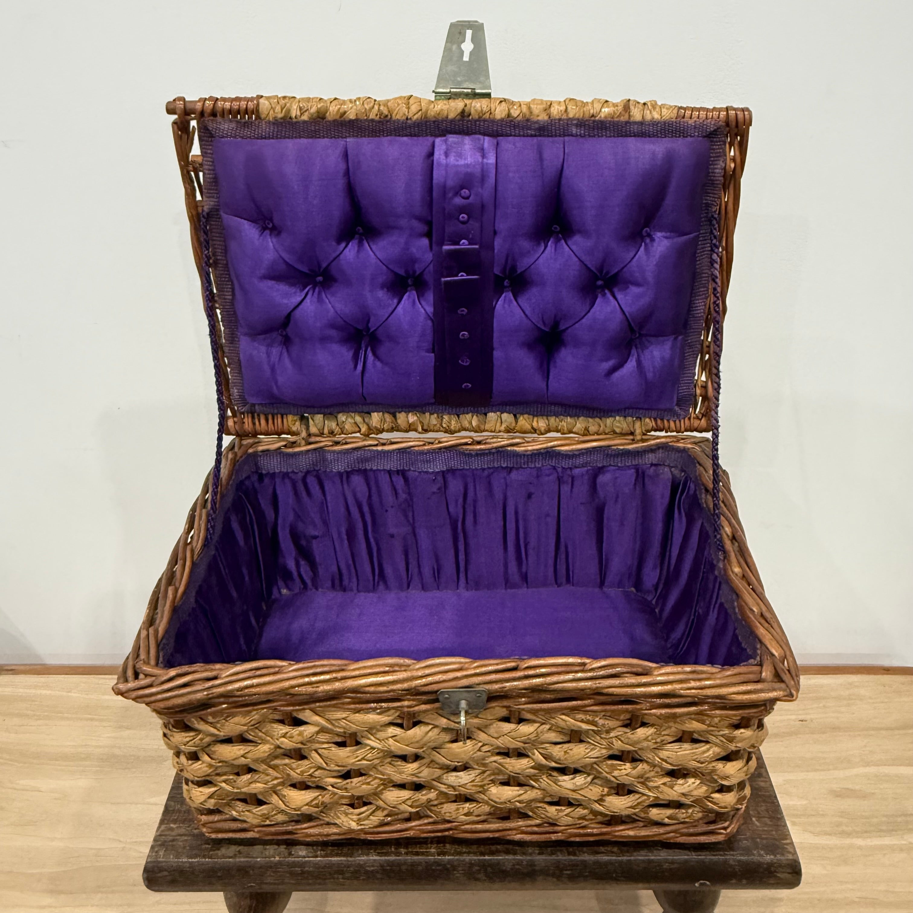1930s–50s Wicker Sewing Basket with Purple Satin Lining &amp; Metal Clasp