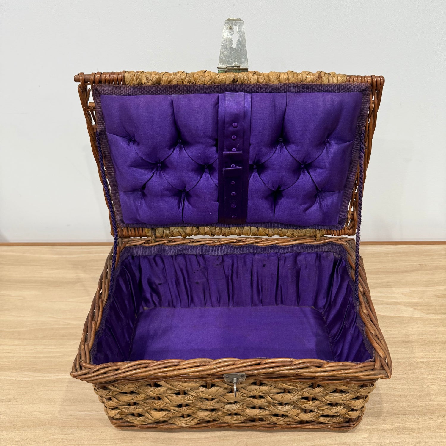 1930s–50s Wicker Sewing Basket with Purple Satin Lining &amp; Metal Clasp