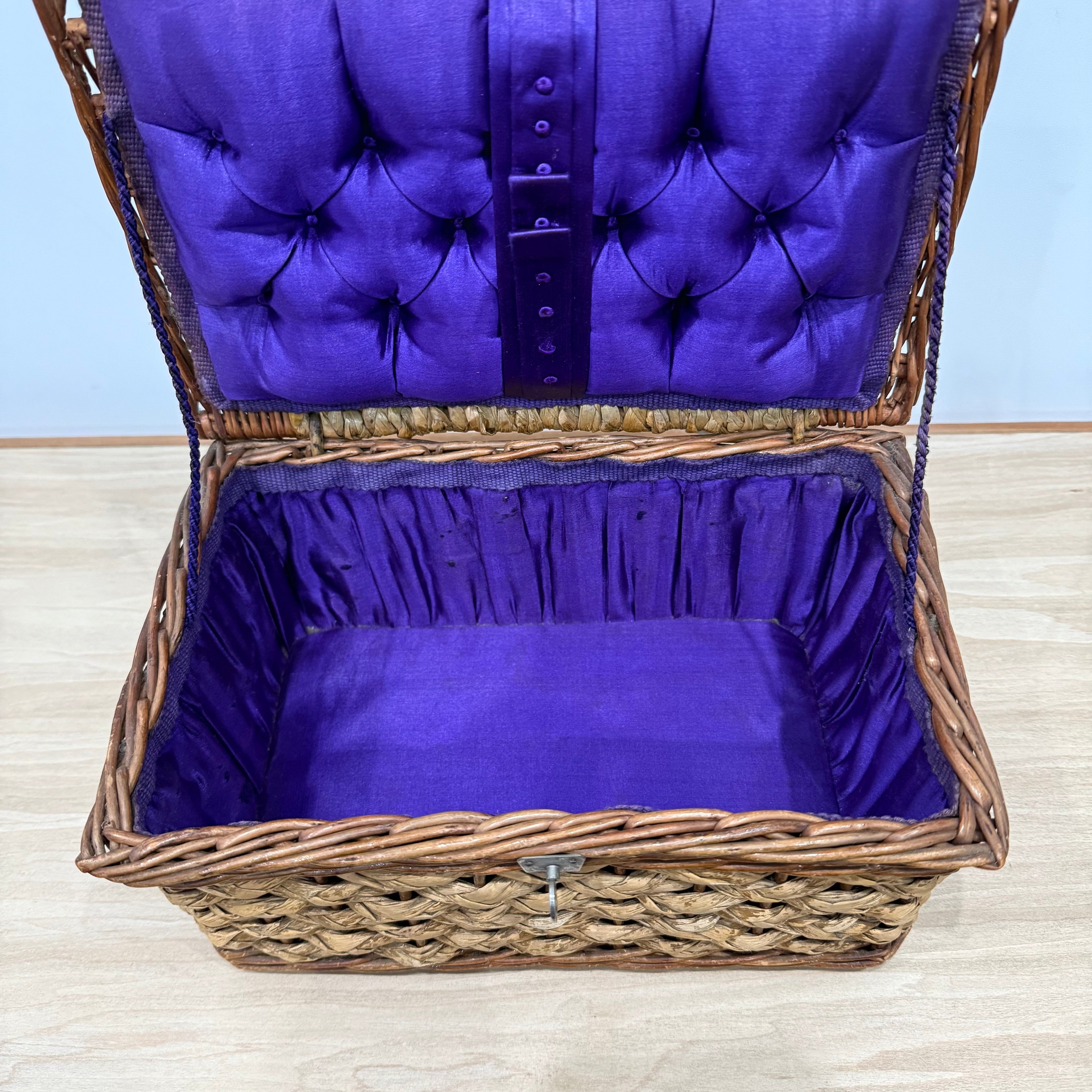 1930s–50s Wicker Sewing Basket with Purple Satin Lining &amp; Metal Clasp