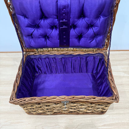 1930s–50s Wicker Sewing Basket with Purple Satin Lining &amp; Metal Clasp
