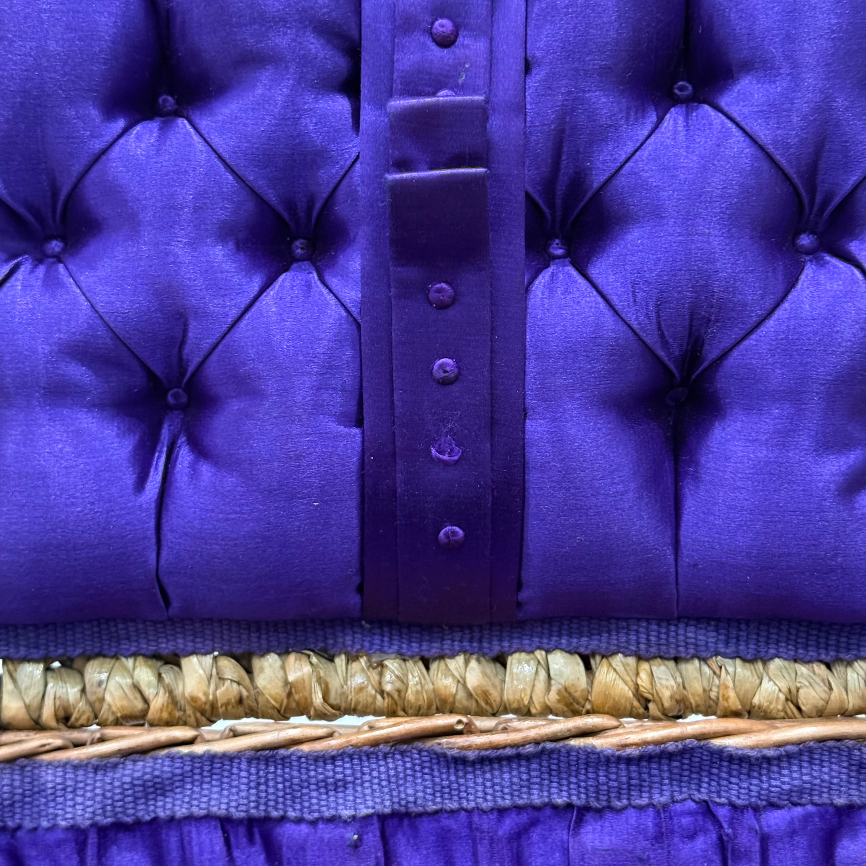 1930s–50s Wicker Sewing Basket with Purple Satin Lining &amp; Metal Clasp