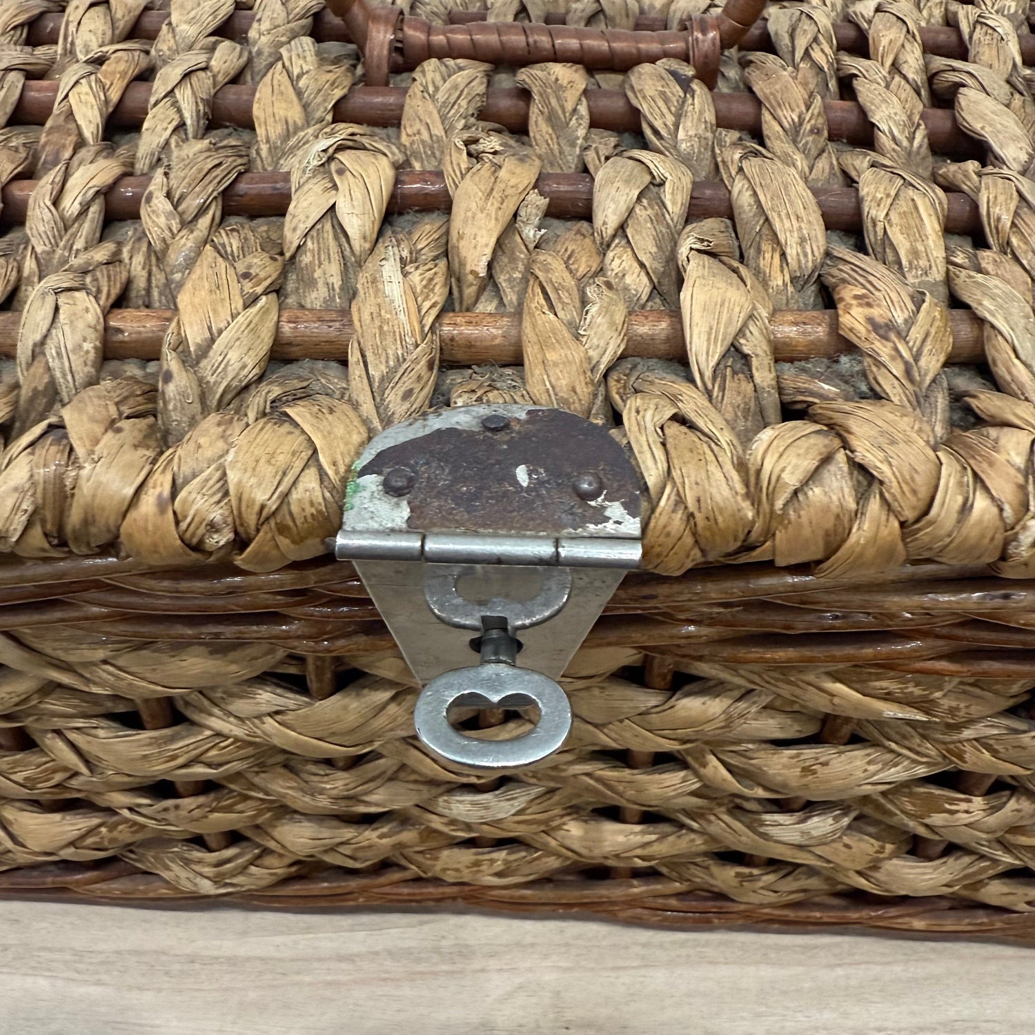 1930s–50s Wicker Sewing Basket with Purple Satin Lining &amp; Metal Clasp