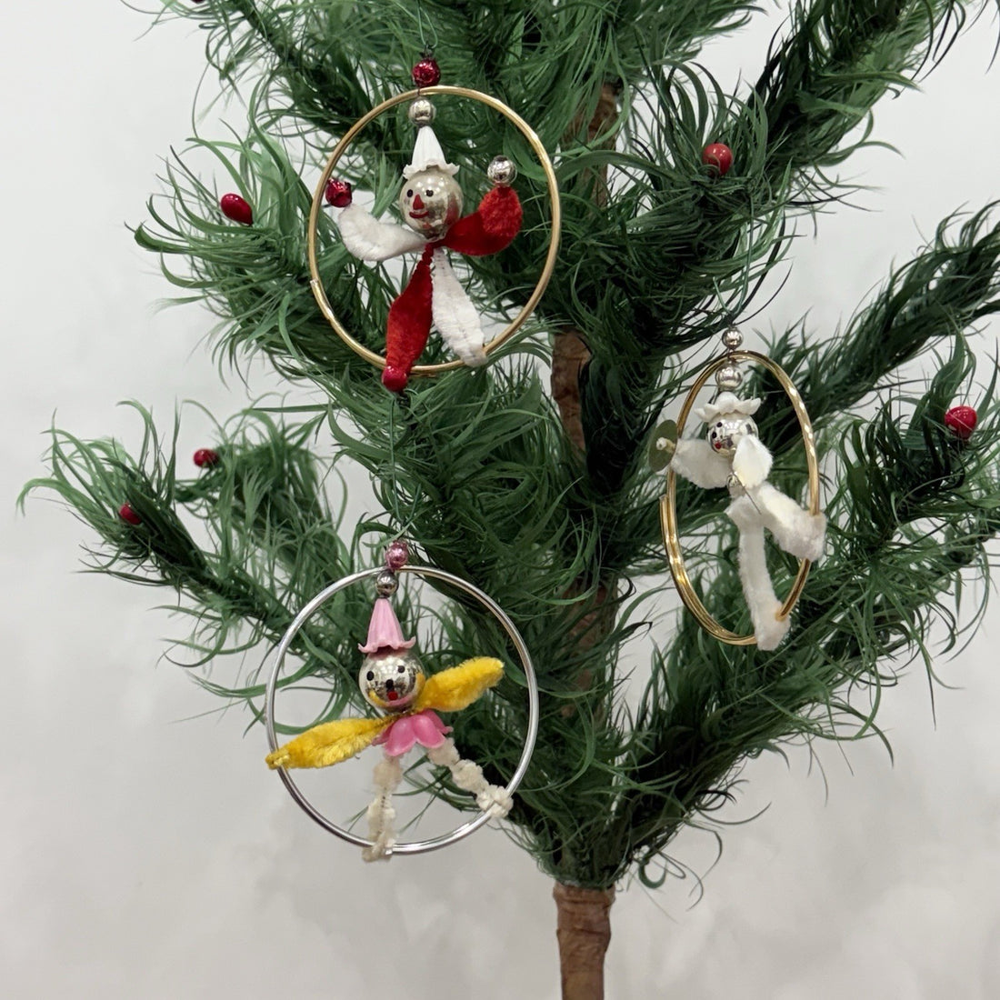Vintage Mercury Glass Chenille Pipecleaner Christmas Ornaments Xmas - Set of 3
