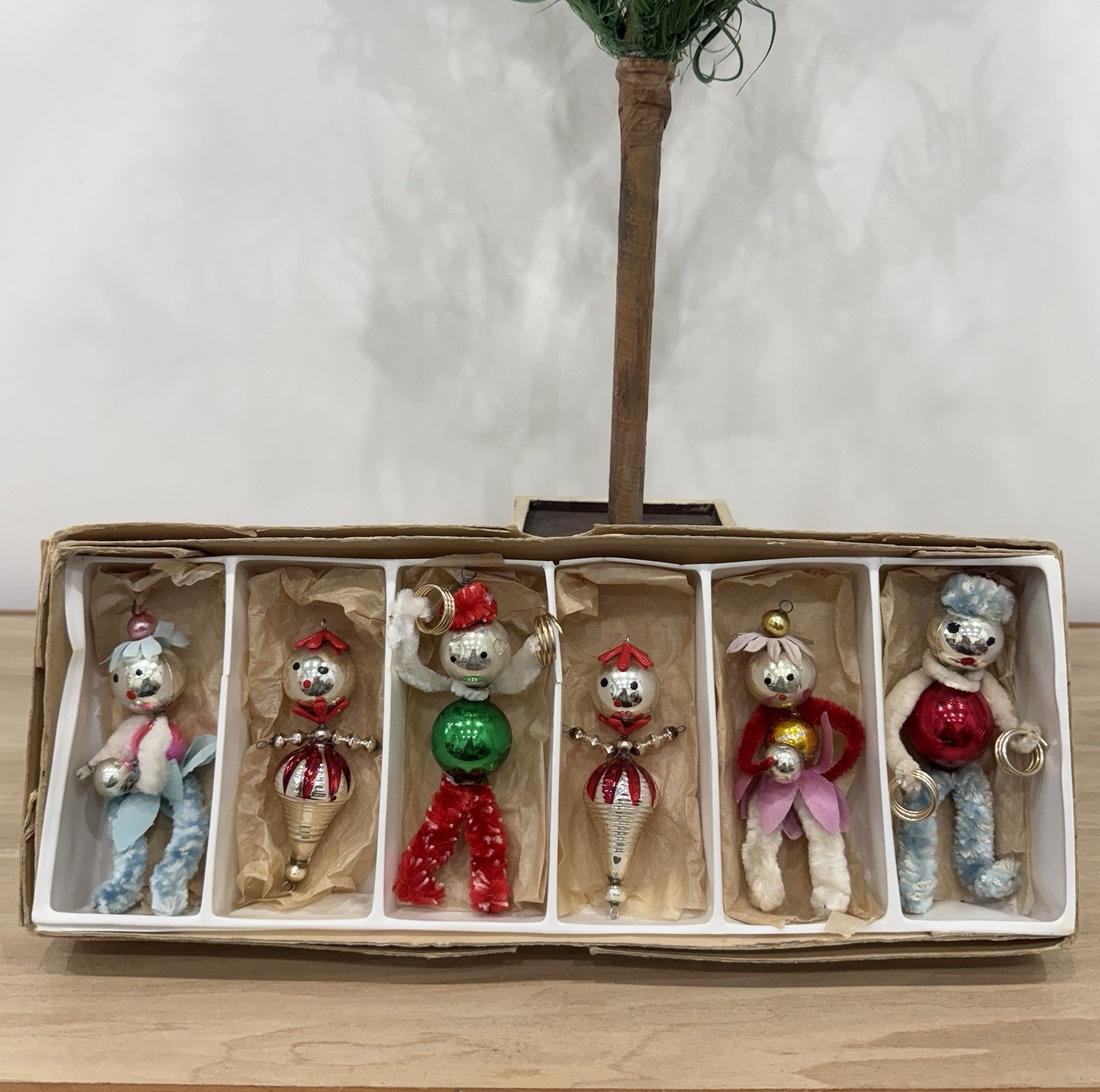 Vintage 1950s Mercury Glass Chenille Pipecleaner Christmas Tree Ornaments Xmas