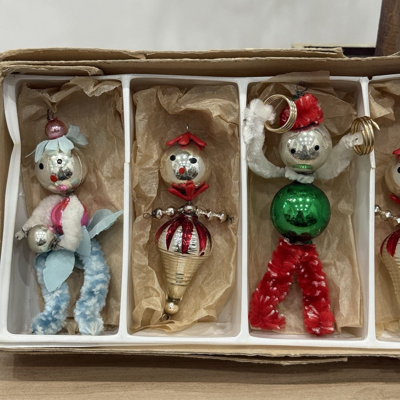 Vintage 1950s Mercury Glass Chenille Pipecleaner Christmas Tree Ornaments Xmas