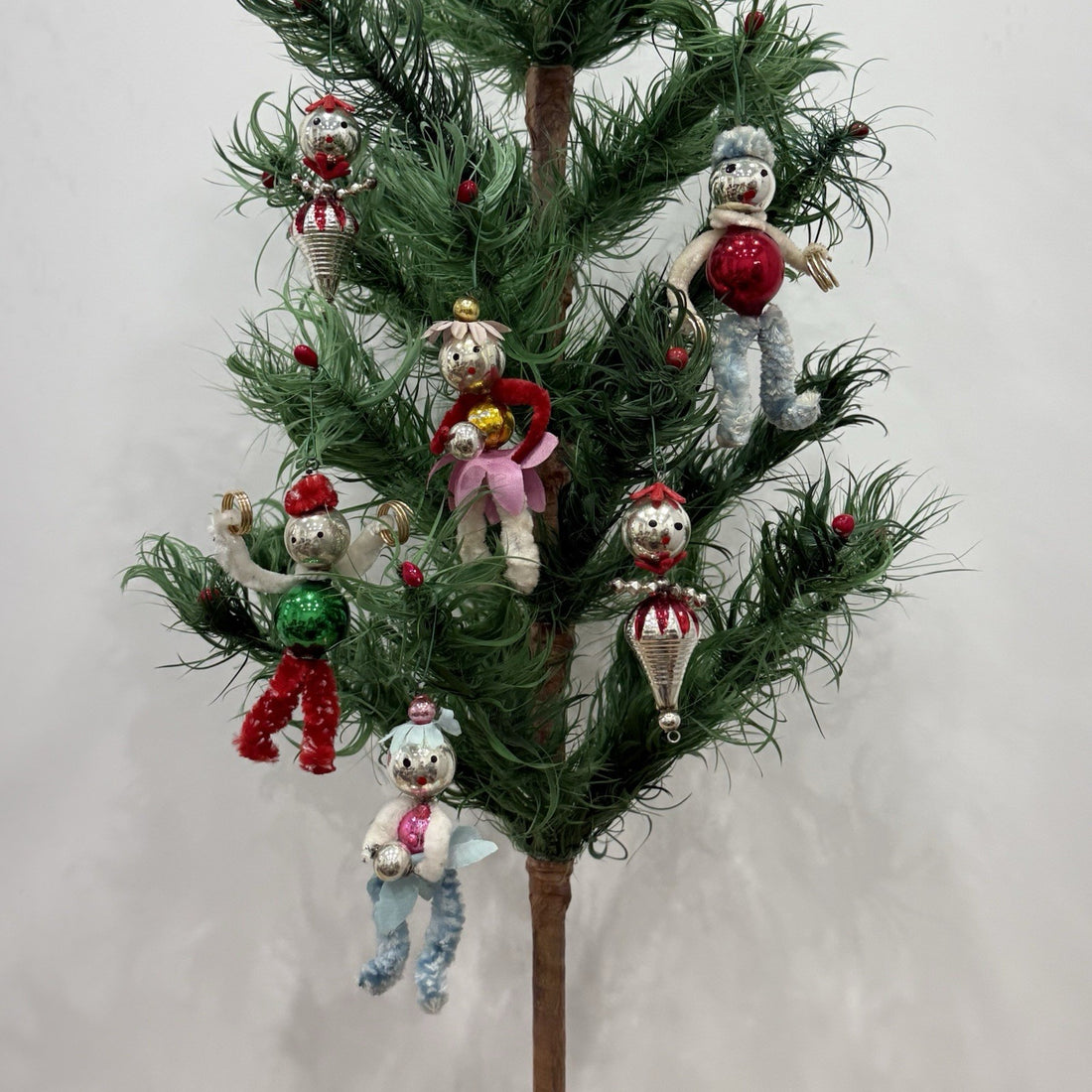 Vintage 1950s Mercury Glass Chenille Pipecleaner Christmas Tree Ornaments Xmas