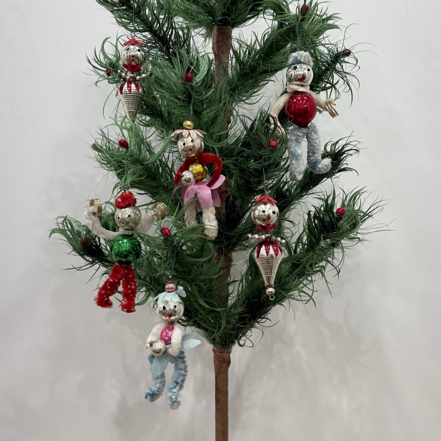 Vintage 1950s Mercury Glass Chenille Pipecleaner Christmas Tree Ornaments Xmas