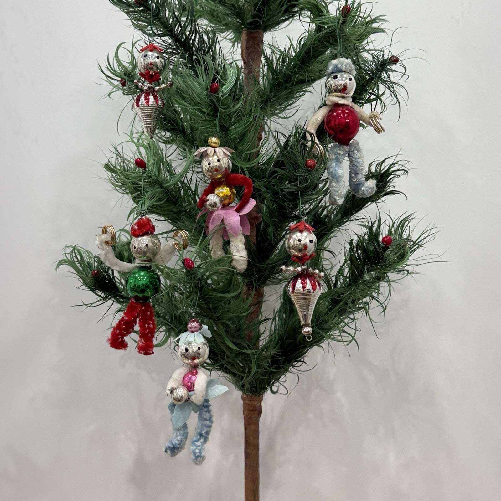 Vintage 1950s Mercury Glass Chenille Pipecleaner Christmas Tree Ornaments Xmas