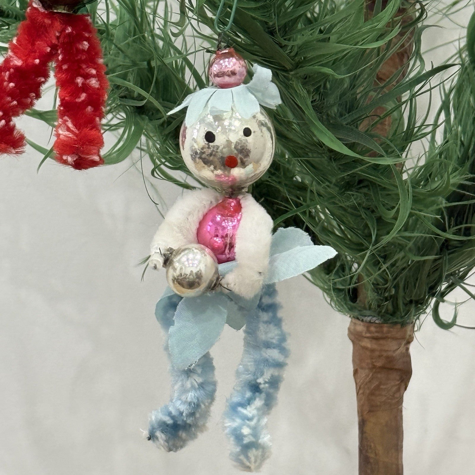 Vintage 1950s Mercury Glass Chenille Pipecleaner Christmas Tree Ornaments Xmas