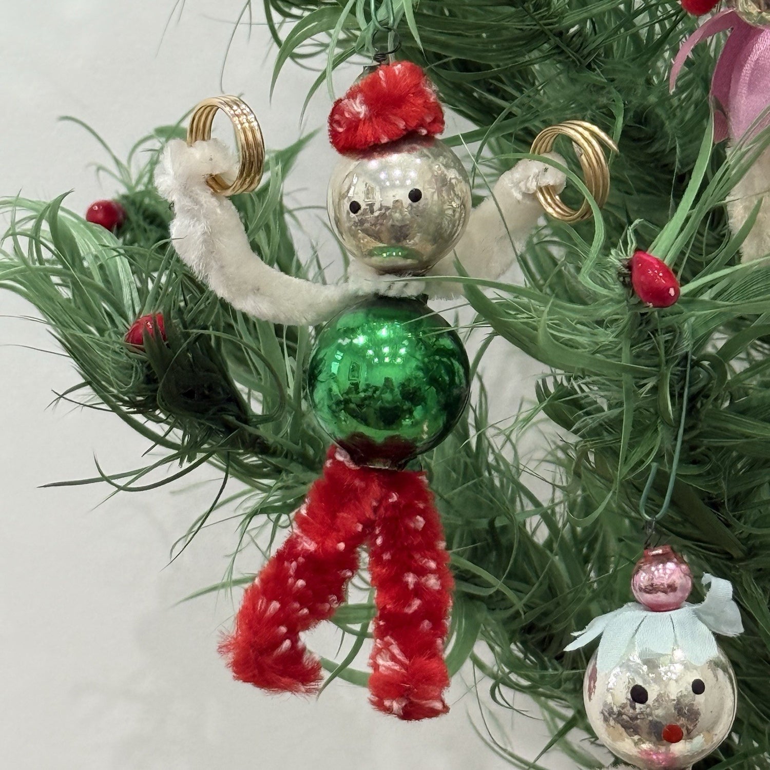 Vintage 1950s Mercury Glass Chenille Pipecleaner Christmas Tree Ornaments Xmas