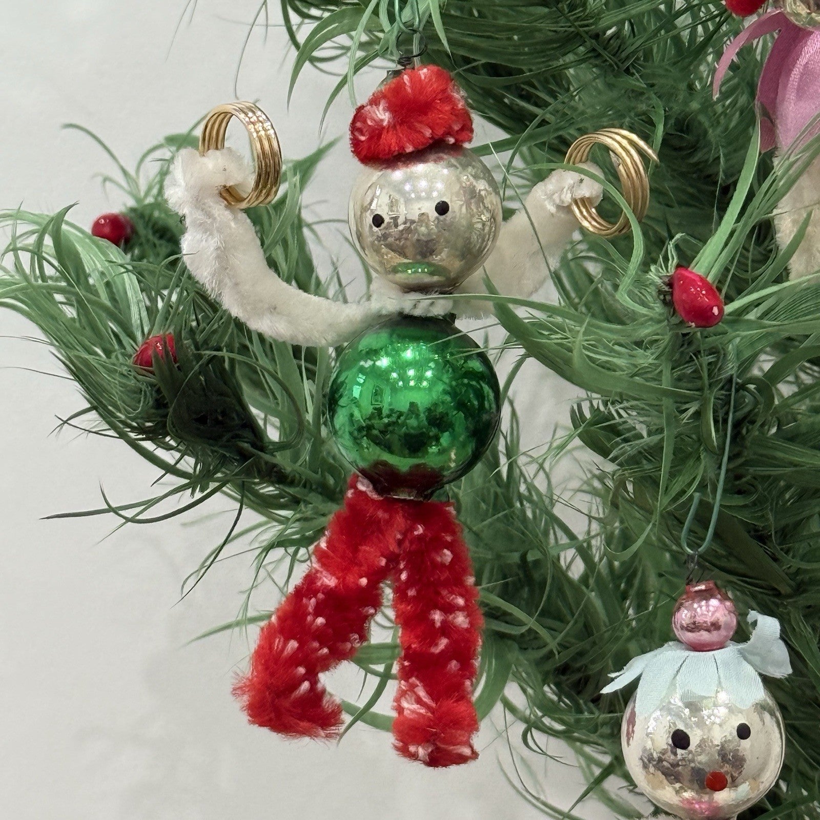 Vintage 1950s Mercury Glass Chenille Pipecleaner Christmas Tree Ornaments Xmas