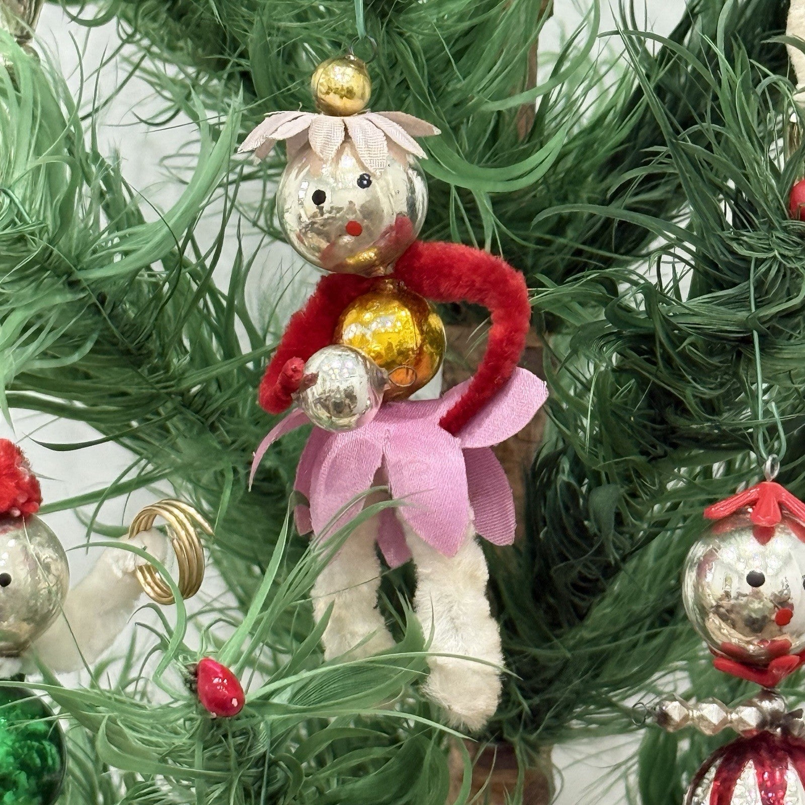 Vintage 1950s Mercury Glass Chenille Pipecleaner Christmas Tree Ornaments Xmas