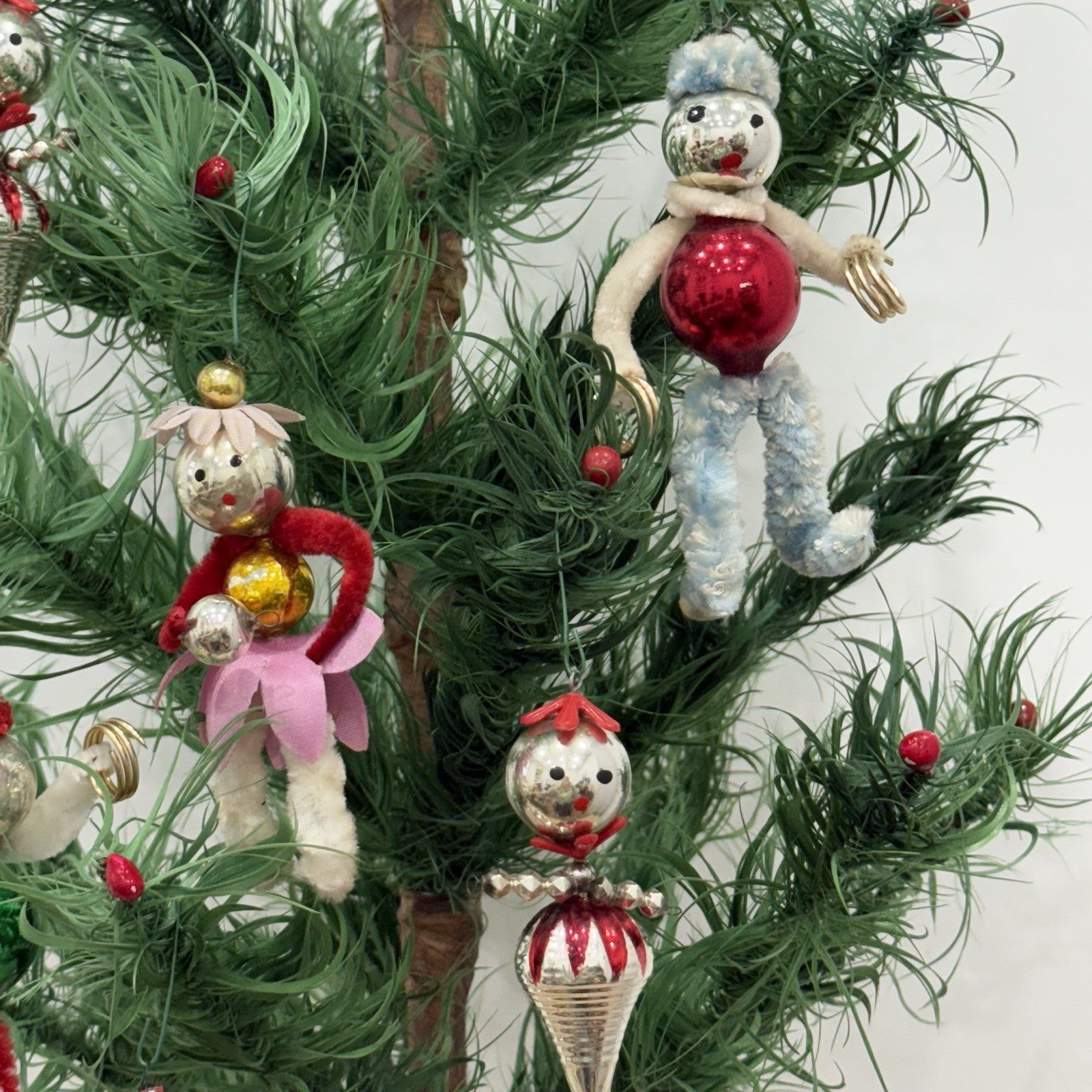 Vintage 1950s Mercury Glass Chenille Pipecleaner Christmas Tree Ornaments Xmas