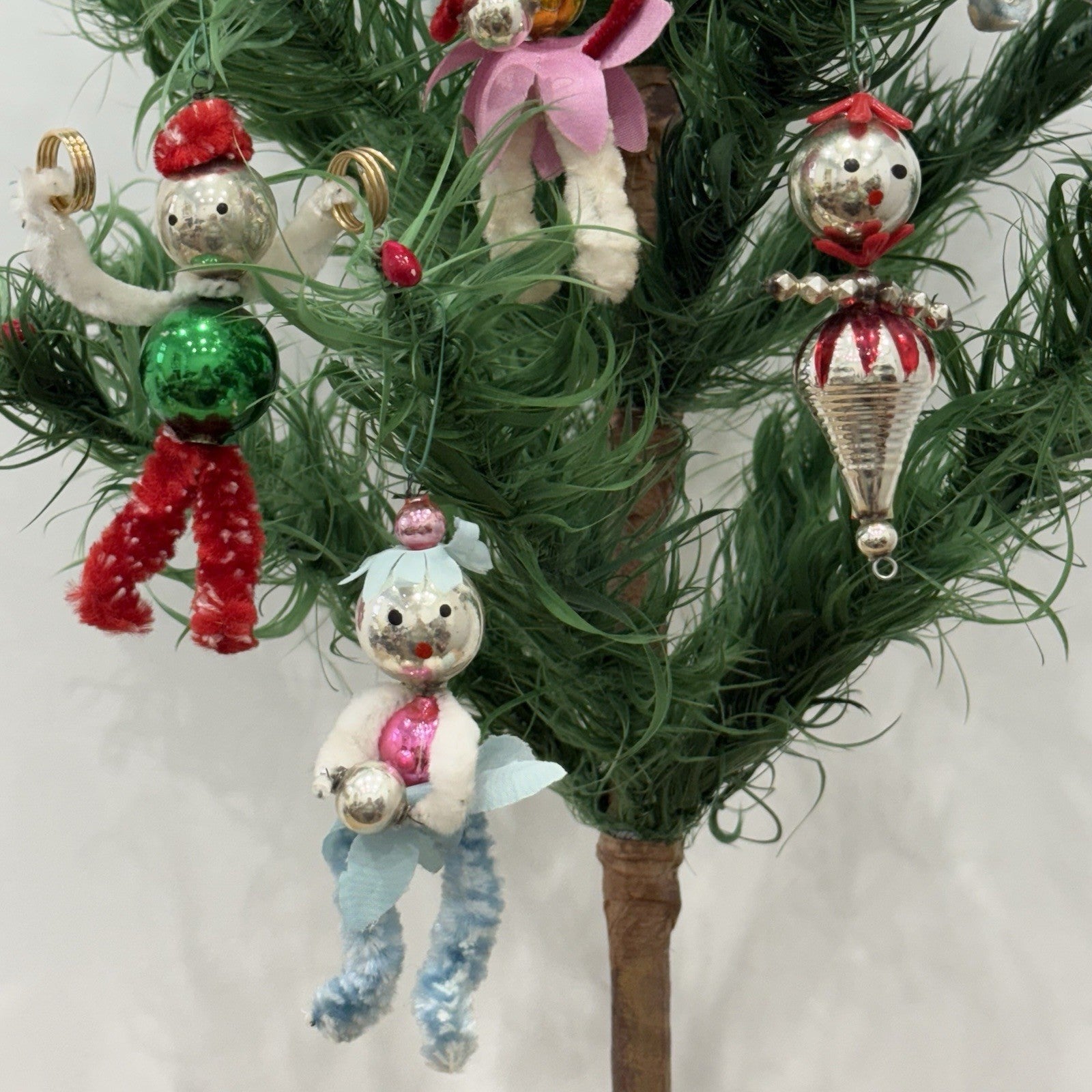 Vintage 1950s Mercury Glass Chenille Pipecleaner Christmas Tree Ornaments Xmas