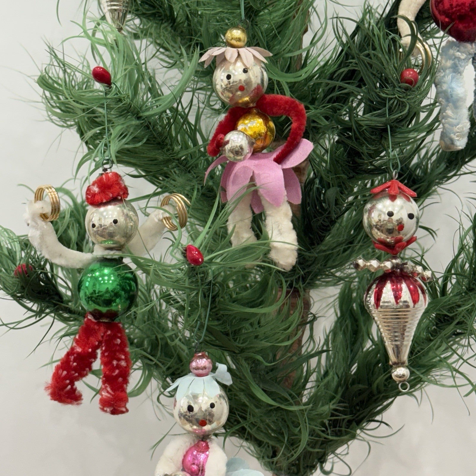 Vintage 1950s Mercury Glass Chenille Pipecleaner Christmas Tree Ornaments Xmas