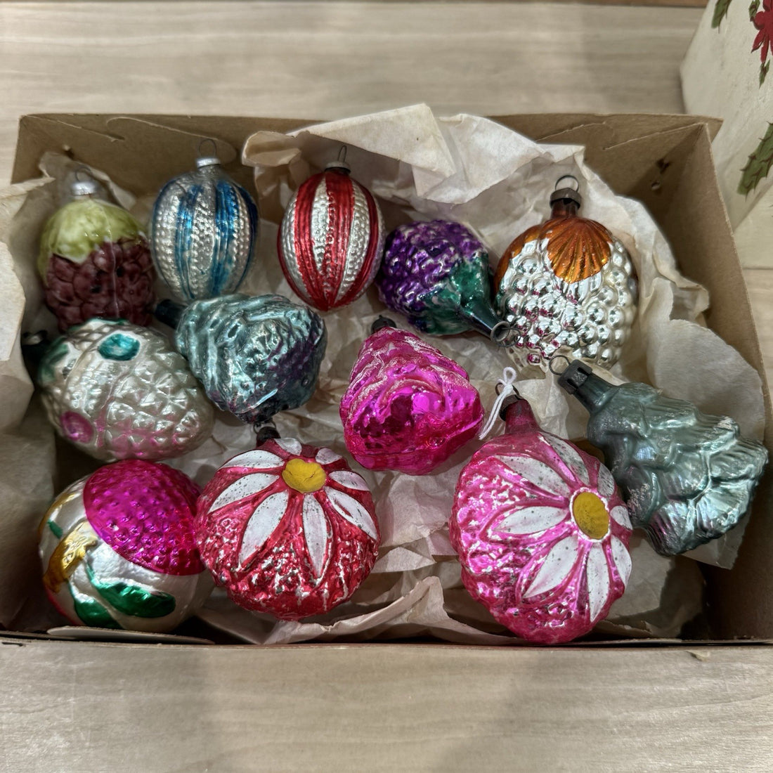 Vintage 1950s/60s Mercury Glass Christmas Tree Figural Baubles Xmas Decor