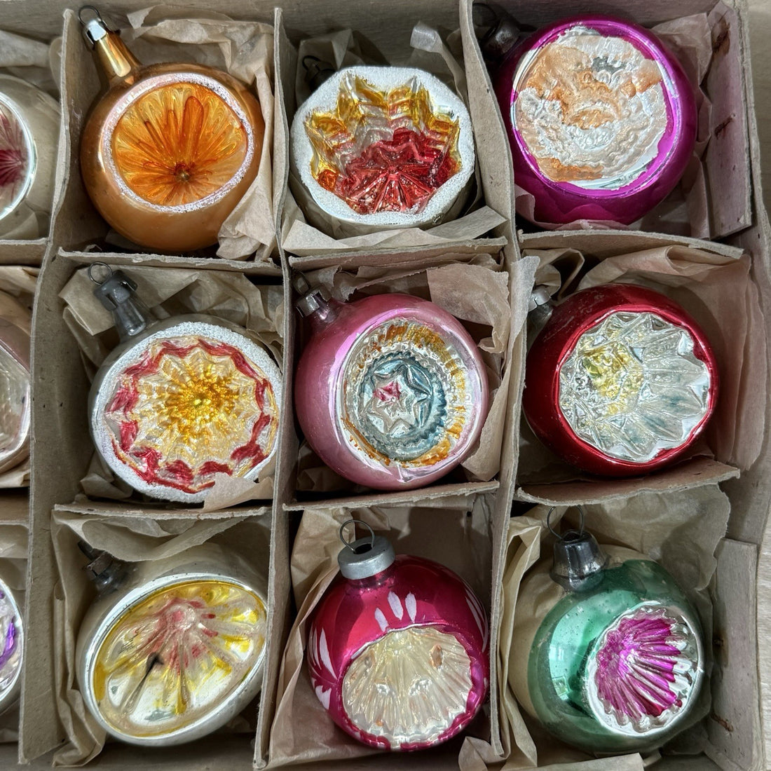 Vintage 1950s-60s Mercury Glass Christmas Baubles Concave Indent Xmas Tree Decor