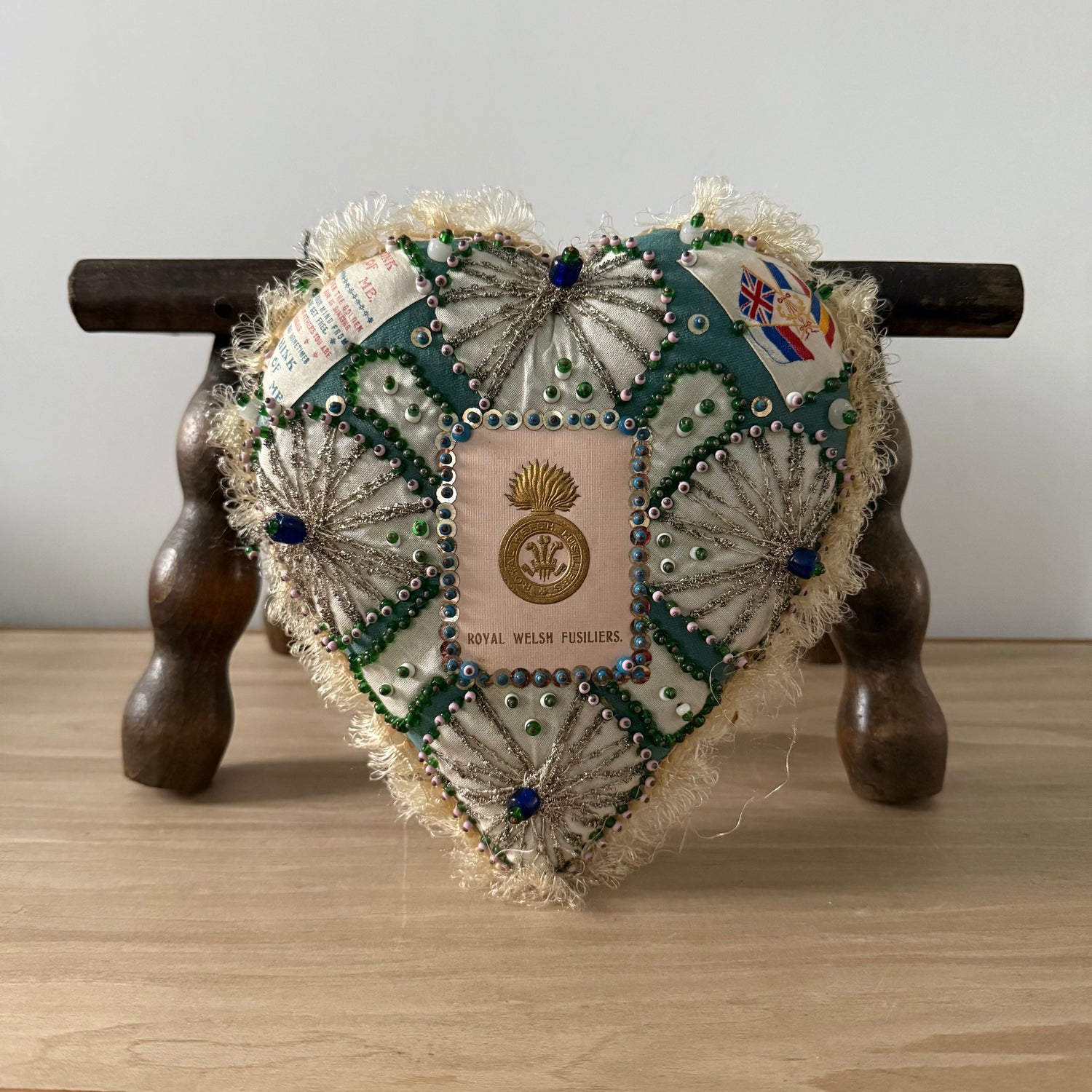WW1 Royal Welsh Fusiliers Sweetheart Pin Cushion – Beaded Heart Patriotic Textile