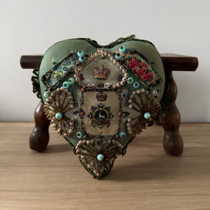 WW1 Bedfordshire Regiment Sweetheart Pincushion Beaded Heart Patriotic Textile