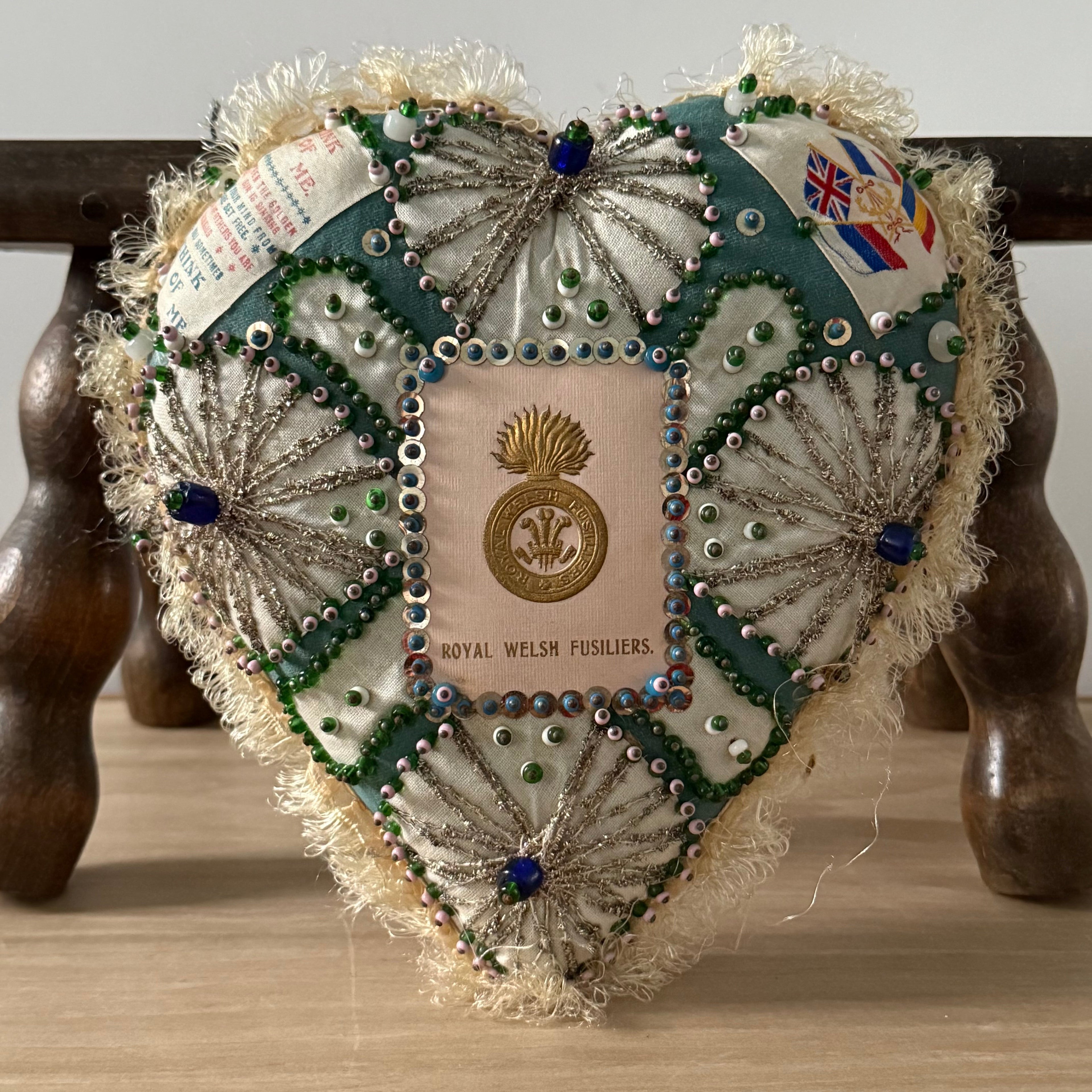 WW1 Royal Welsh Fusiliers Sweetheart Pin Cushion – Beaded Heart Patriotic Textile