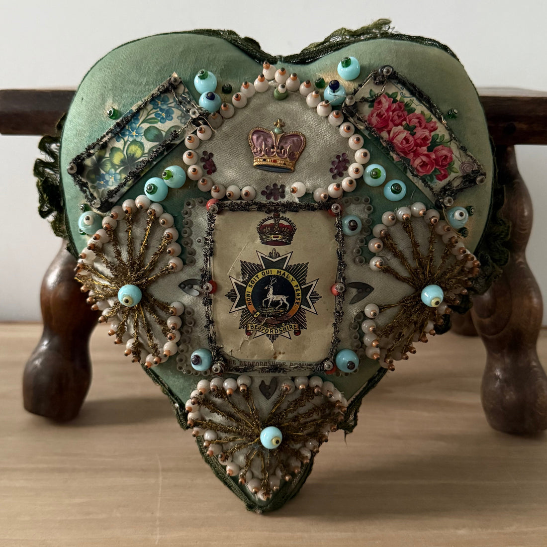 WW1 Bedfordshire Regiment Sweetheart Pincushion Beaded Heart Patriotic Textile