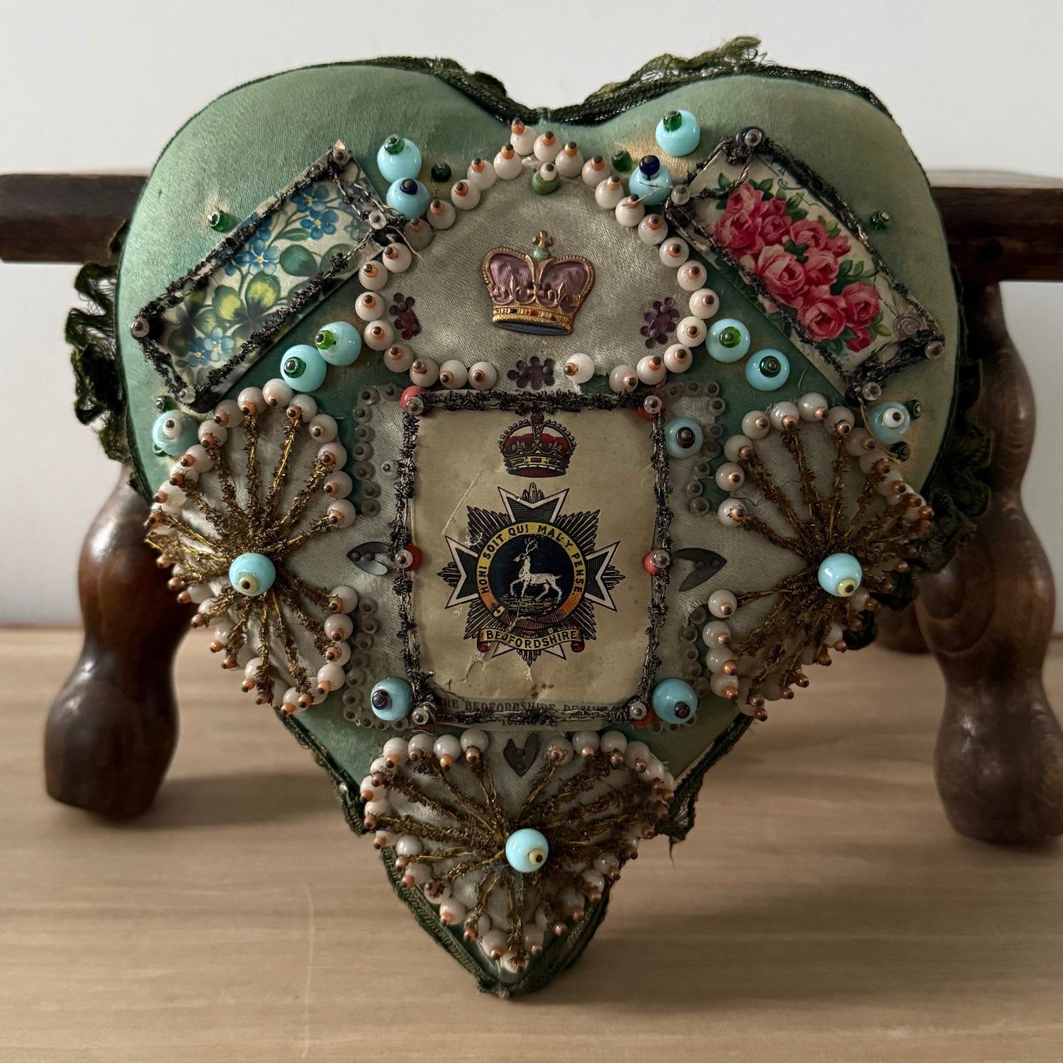 WW1 Bedfordshire Regiment Sweetheart Pincushion Beaded Heart Patriotic Textile