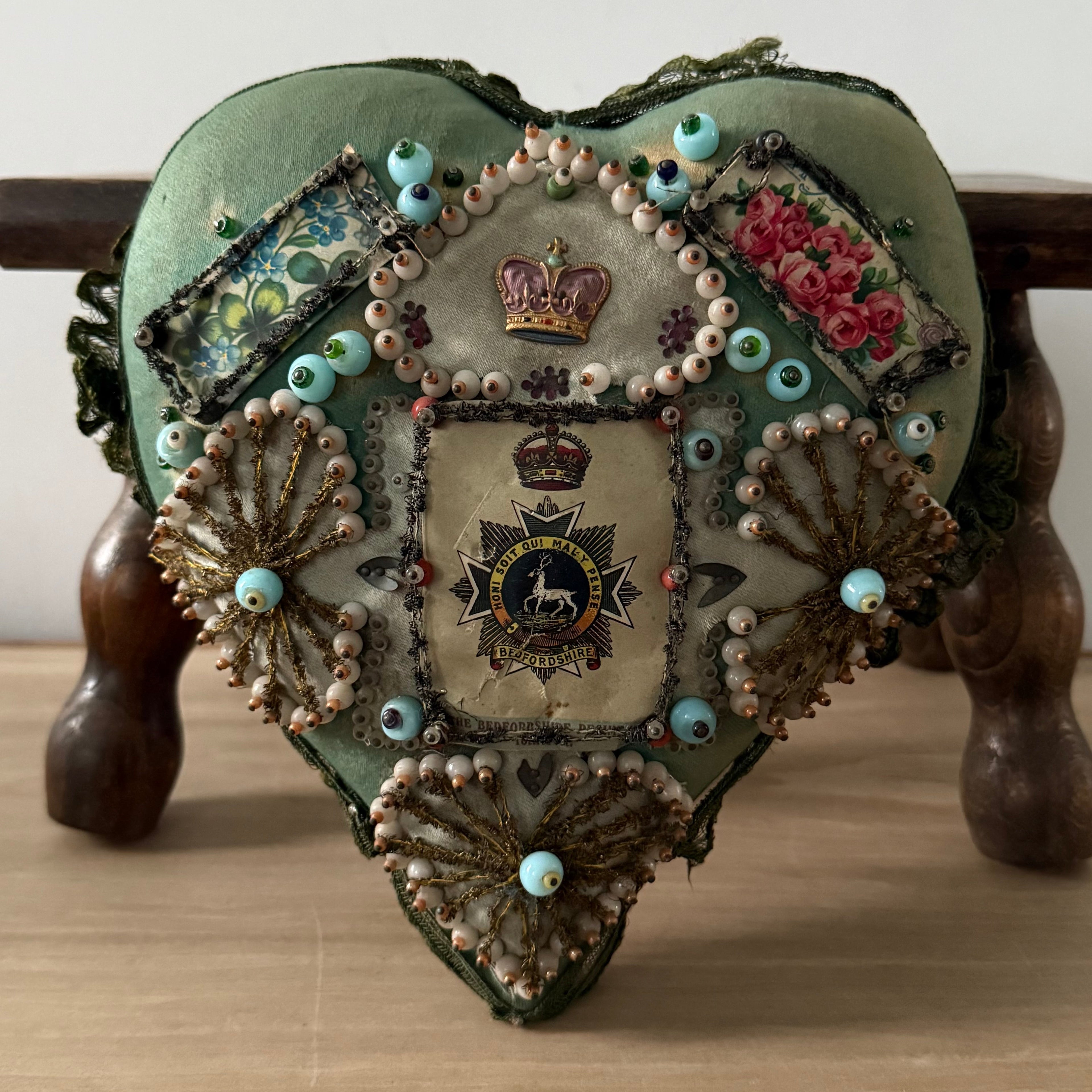 WW1 Bedfordshire Regiment Sweetheart Pincushion Beaded Heart Patriotic Textile