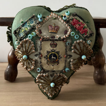 WW1 Bedfordshire Regiment Sweetheart Pincushion Beaded Heart Patriotic Textile