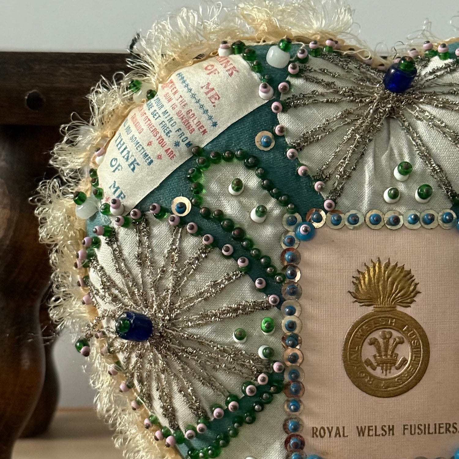 WW1 Royal Welsh Fusiliers Sweetheart Pin Cushion – Beaded Heart Patriotic Textile