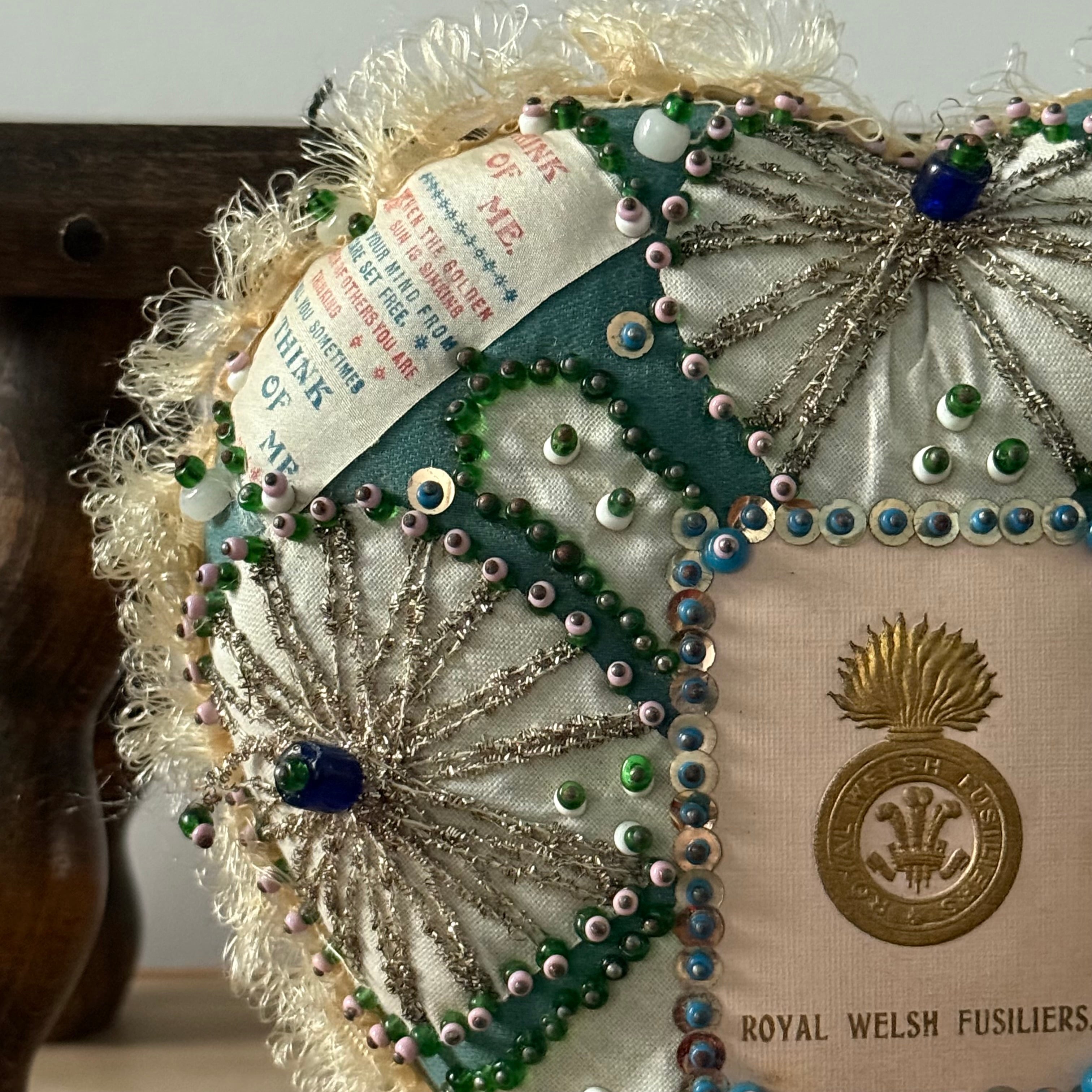 WW1 Royal Welsh Fusiliers Sweetheart Pin Cushion – Beaded Heart Patriotic Textile