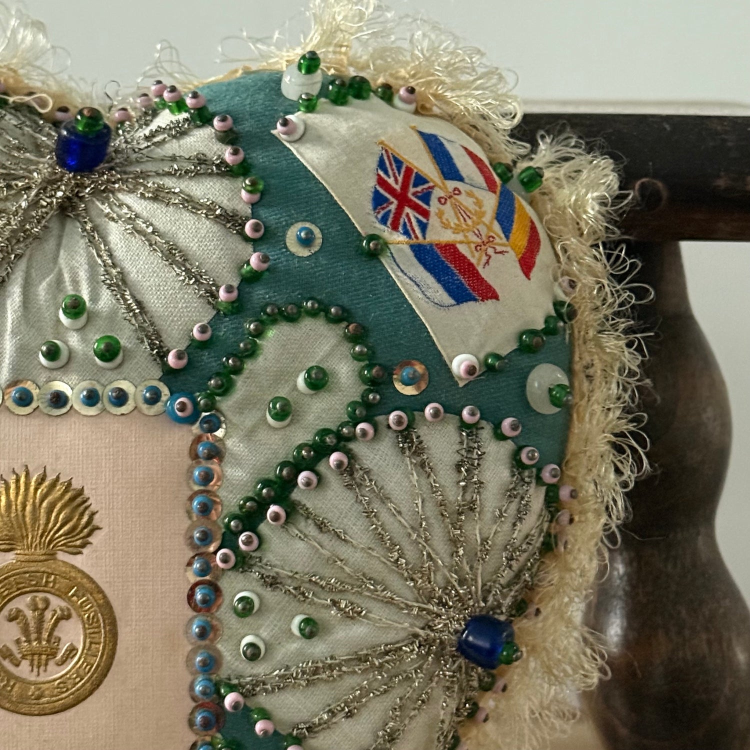 WW1 Royal Welsh Fusiliers Sweetheart Pin Cushion – Beaded Heart Patriotic Textile